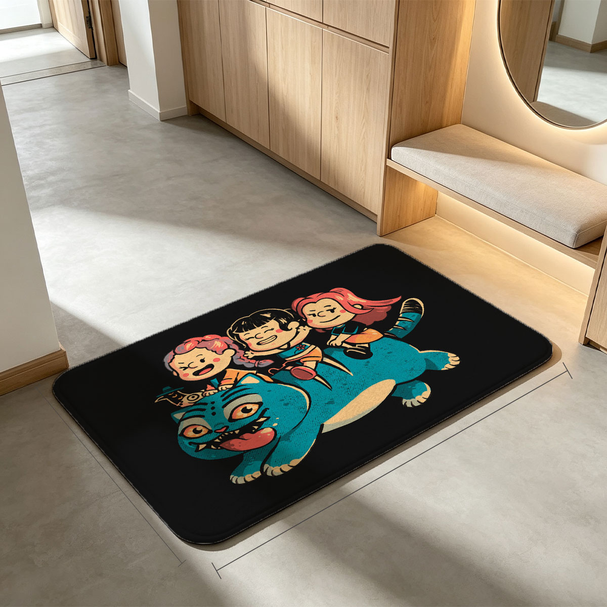 Three Kids Riding a Cheshire Cat - Flannel floor mat