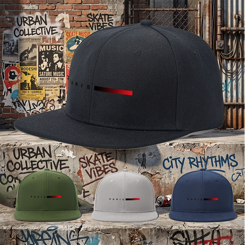 Flat Brim Baseball Cap Paris Minimalist Red Gradient Logo Streetwear Underground Skate Style for Urban Basketball Courts Skate Parks and City Streets Designed for Skaters Rappers and Streetwear Enthusiasts