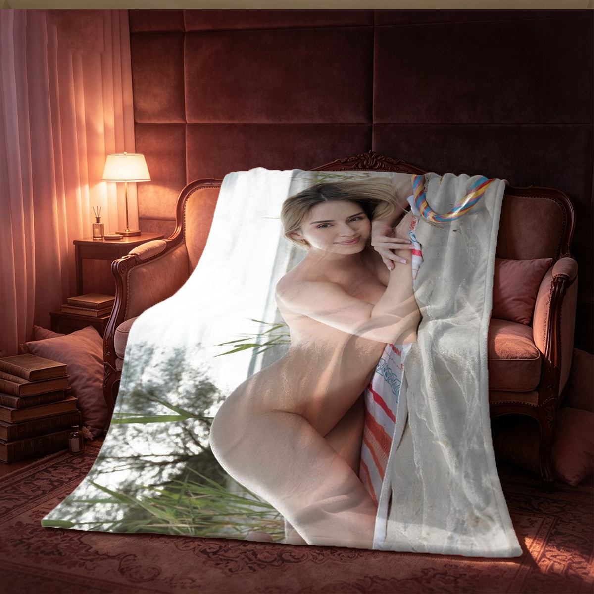 Jennifer Lopez in black lingerie sitting on a wooden chair in a rustic room - Blanket