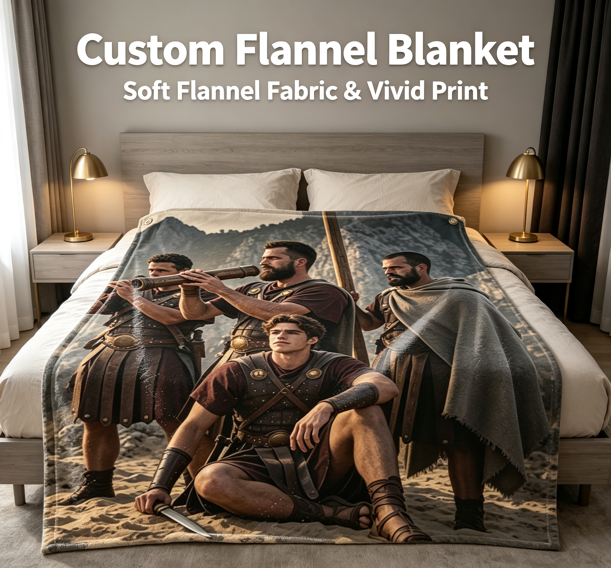 Custom Face Blanket Ancient Warriors Mountain Scene Flannel Blanket Perfect for Camping and Outdoor Adventures Ideal Gift for History Enthusiasts and Movie Fans