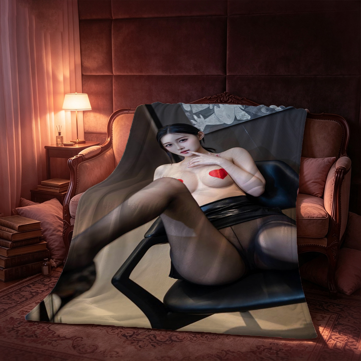 Redhead in pink satin lingerie on bed - Blanket