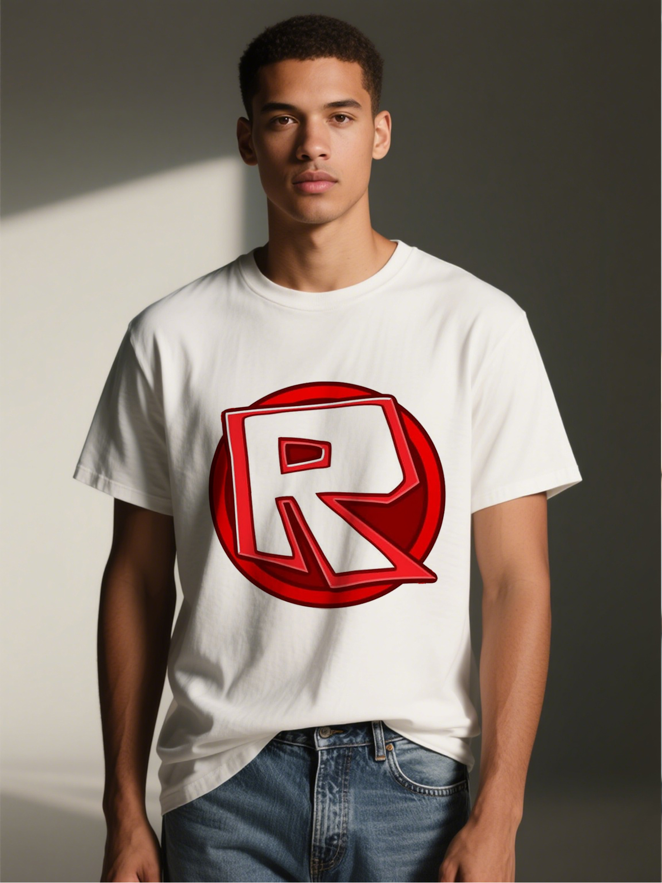 Men's Printed T-Shirt with Bold Red R Logo Design Casual Round Neck Lightweight Breathable Summer Short Sleeve Tee for Everyday Wear, Outdoor Activities, and Fans of Pop Culture Icons