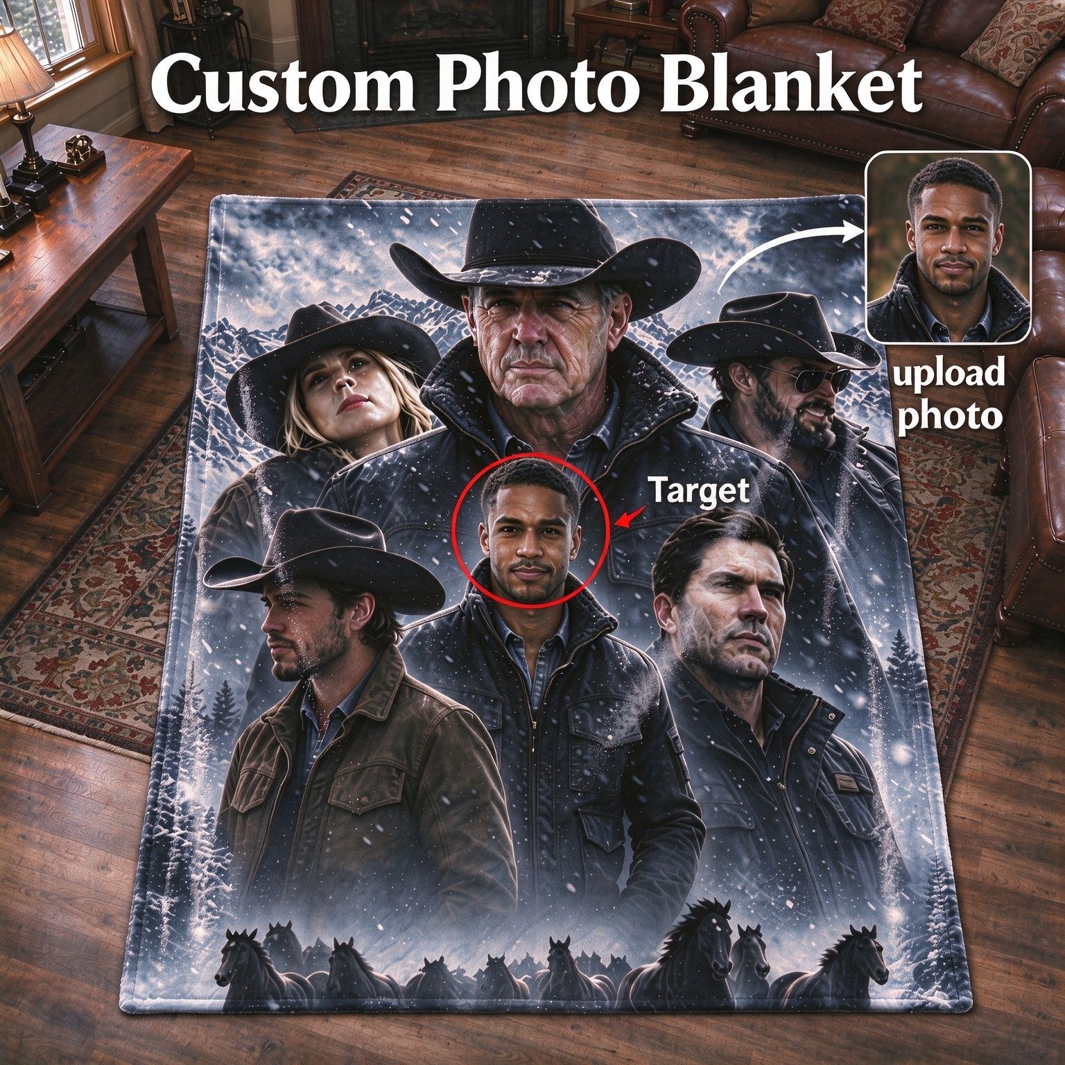 Custom Photo Face Western Cowboy Flannel Fleece Blanket Ultra Soft Lightweight Personalized Keepsake Throw Blanket for