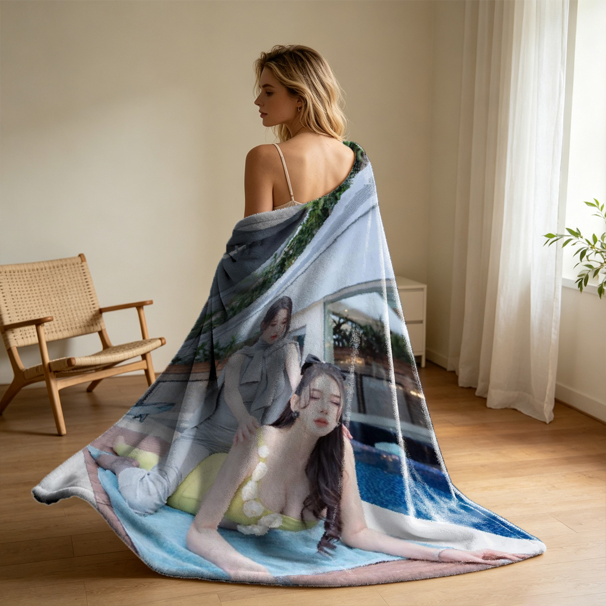 Nude Japanese AV idol sitting on bathroom counter with mirror reflection - Blanket