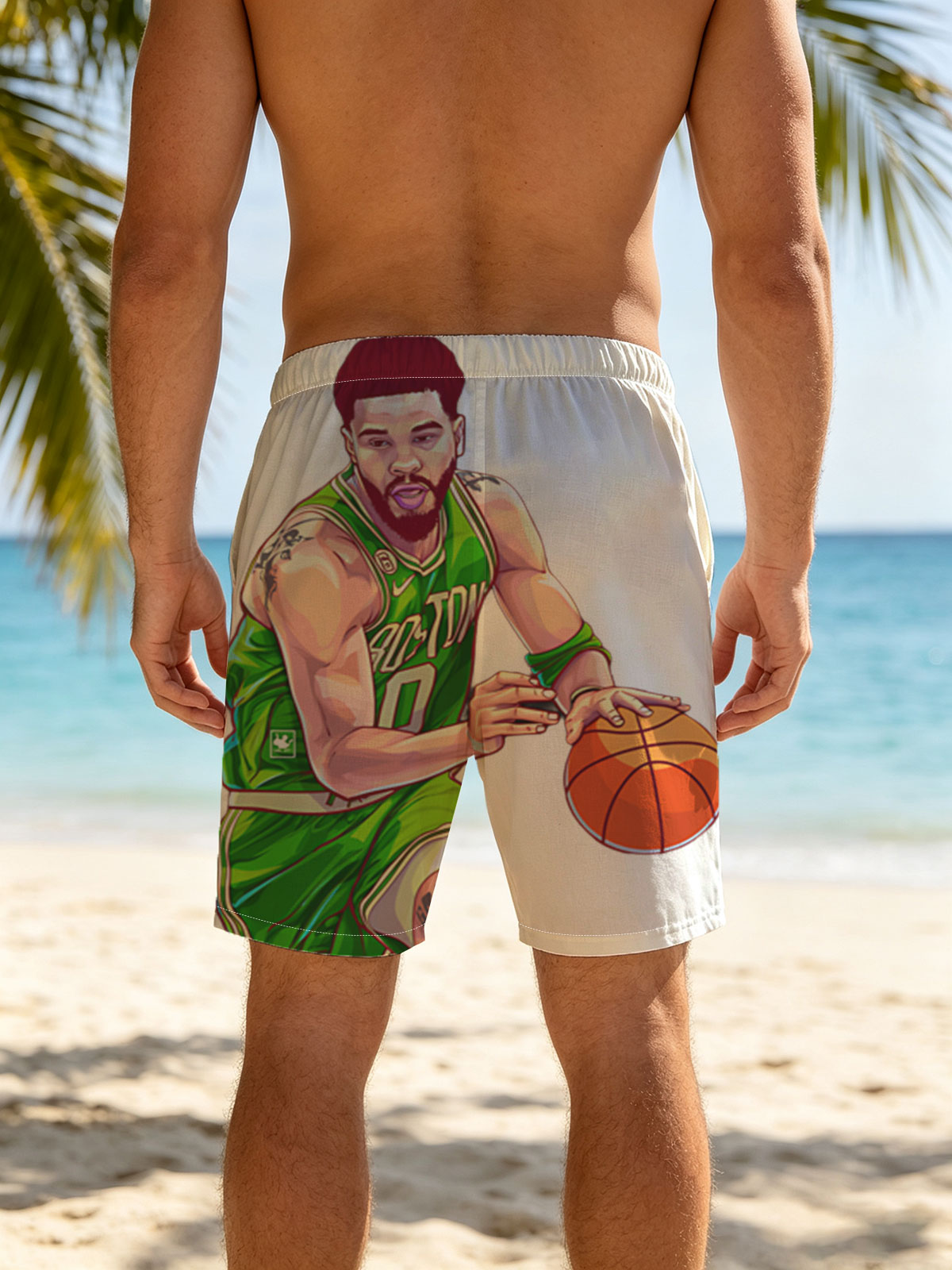 Jayson Tatum in Celtics Jersey Dribbling Basketball -  Beach shorts