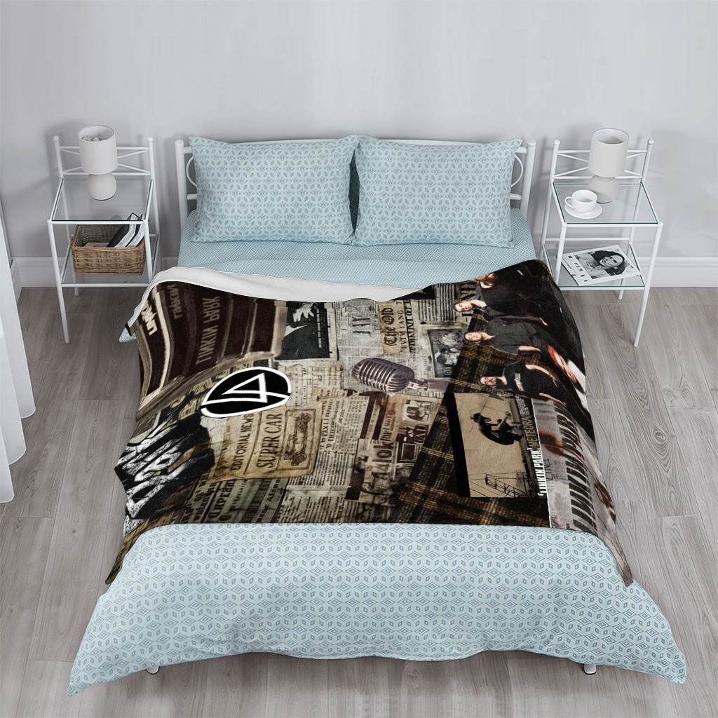 Linkin Park Band Collage Featuring Album Art, Members, and Vintage Newspaper Background - Blankets