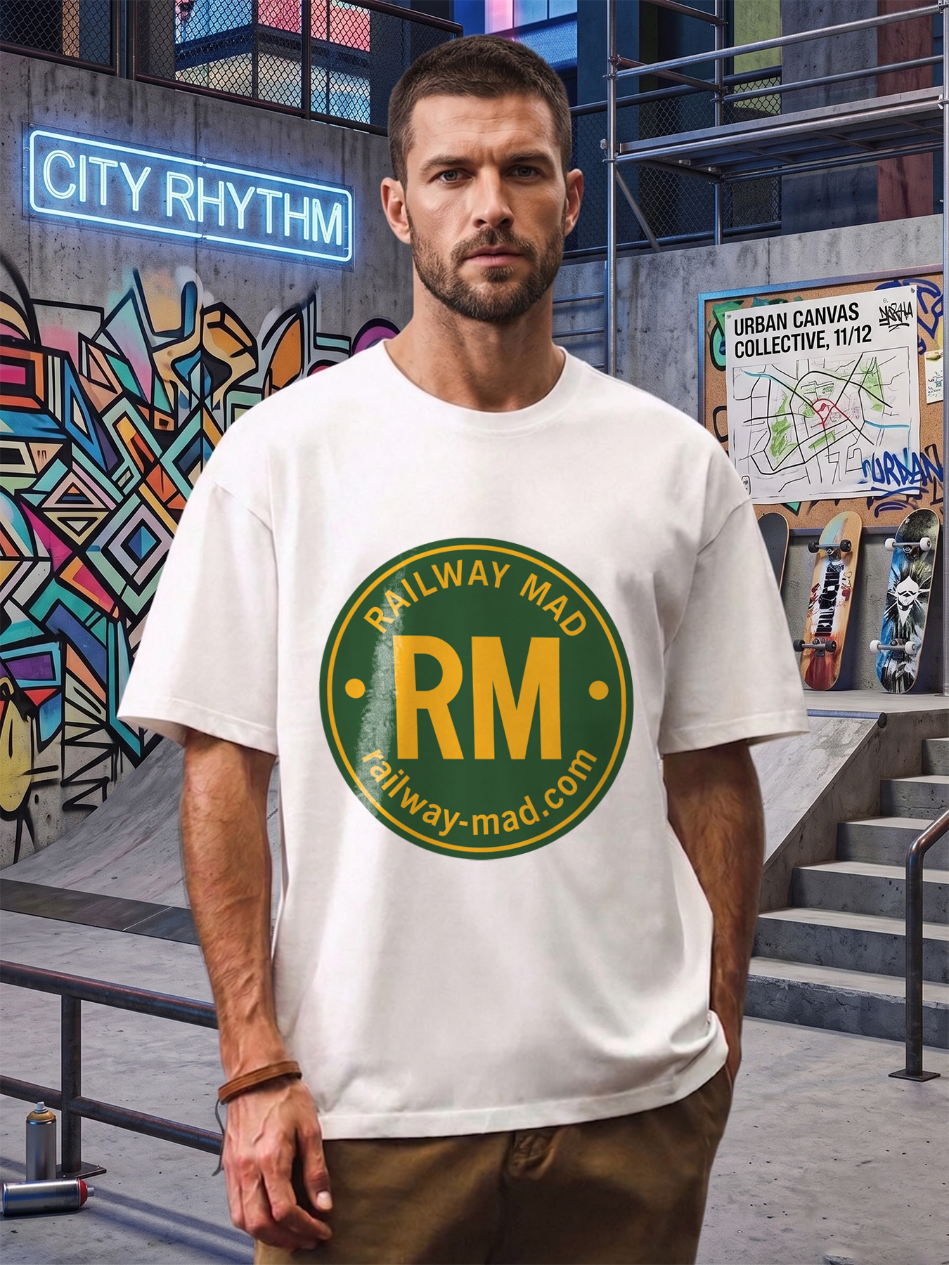 Men's Railway Mad RM Logo Print T-Shirt Casual Round Neck Summer Lightweight Breathable Short Sleeve Tee for Train Enthusiasts and Rail Fans
