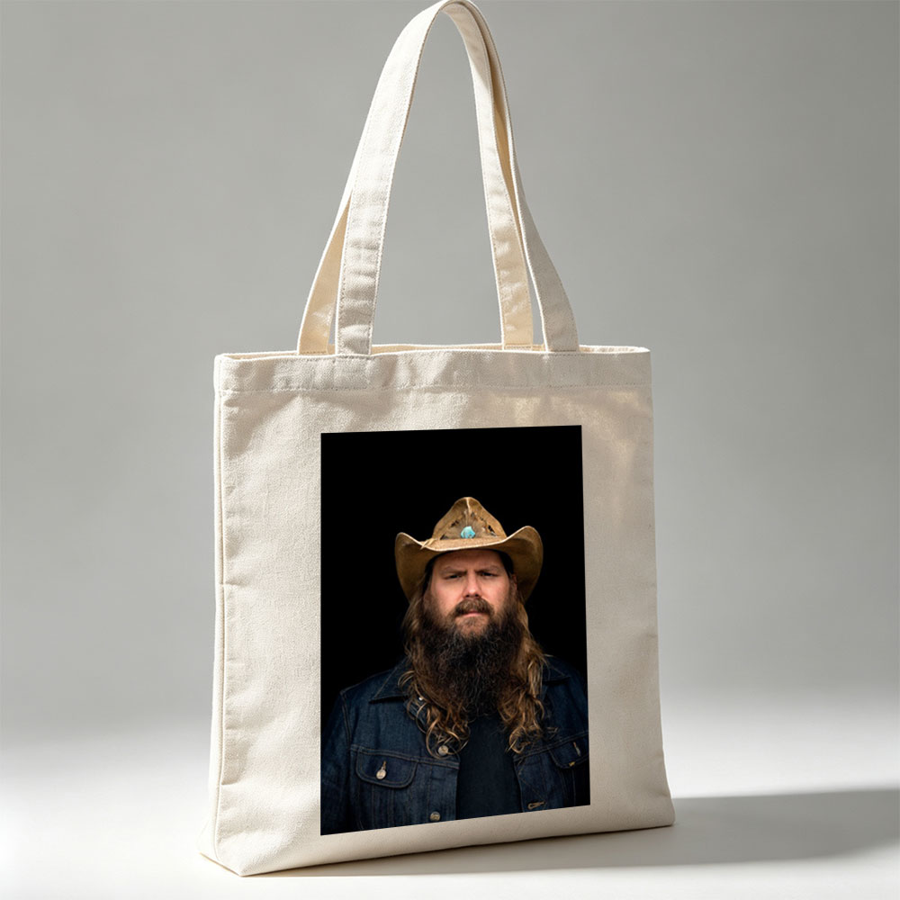 Chris Stapleton in Cowboy Hat and Denim Jacket with Long Beard on Black Background - Canvas tote bags
