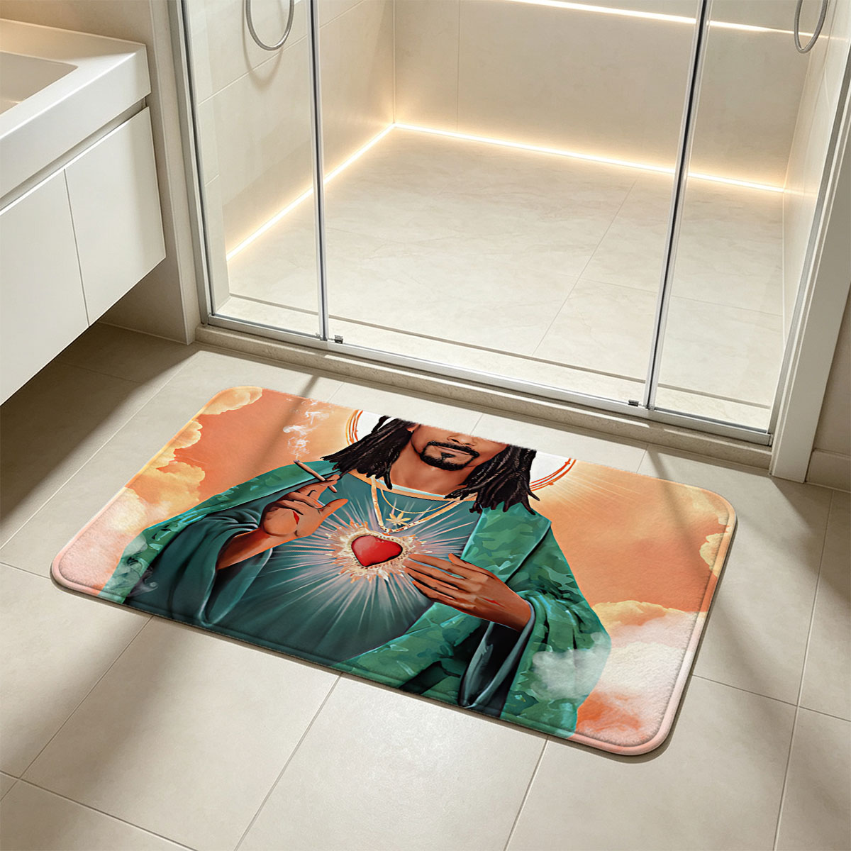 Snoop Dogg as Sacred Heart Saint, Holding Cigarette with Divine Halo and Radiant Heart - Flannel floor mat