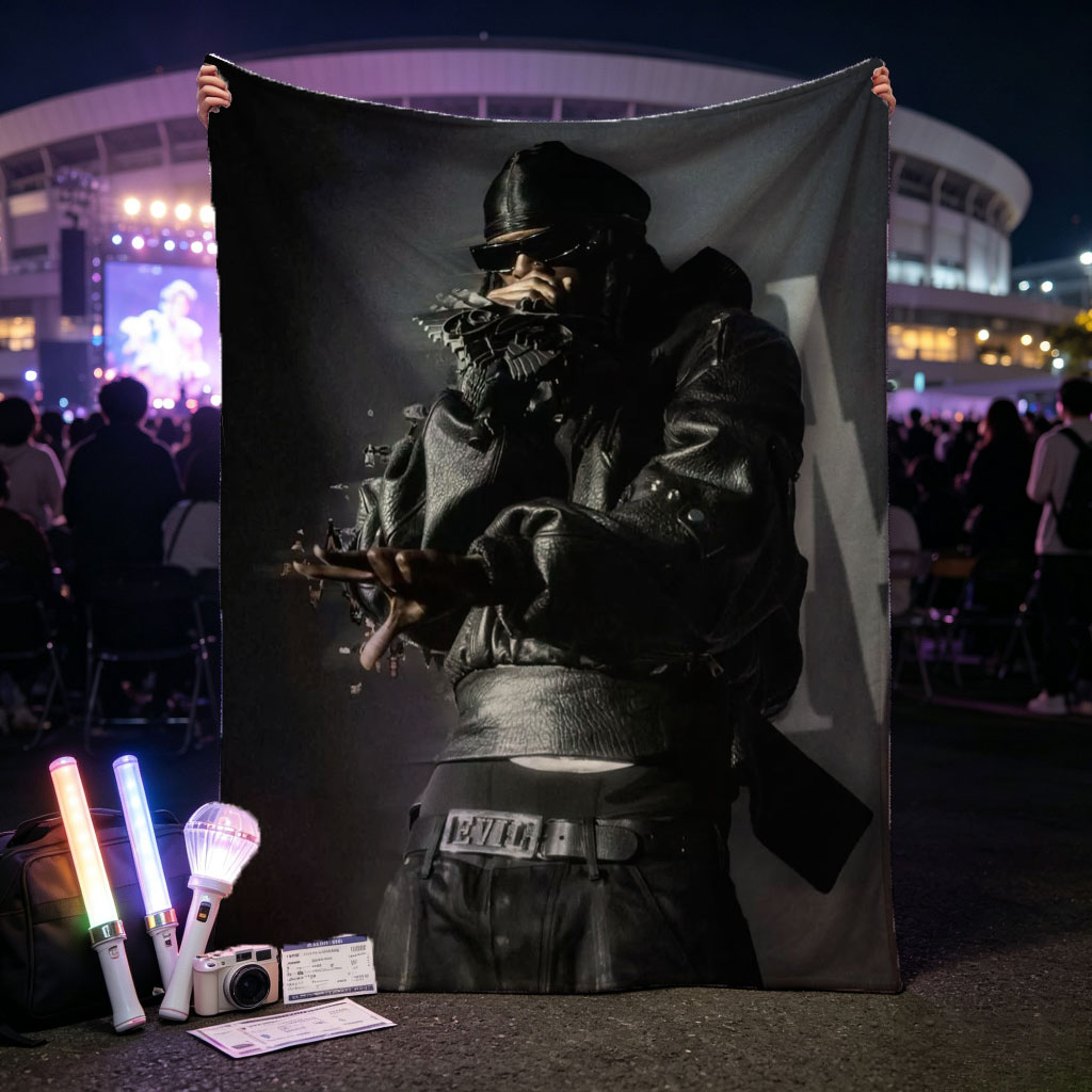 Migos in Performance: Rapper in All-Black Leather Outfit with Microphone on Stage - Blankets