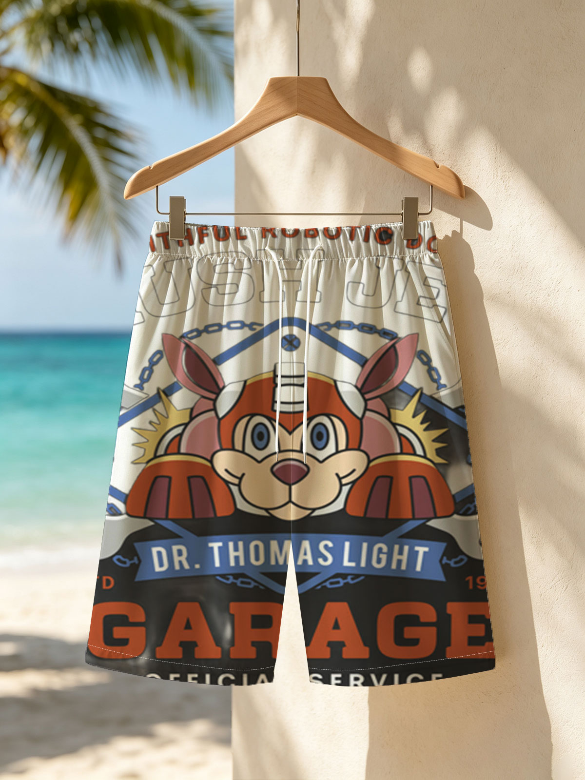Rush Jet - Faithful Robotic Dog, Dr. Thomas Light Garage, Official Service, Est. 1990 -  Beach shorts