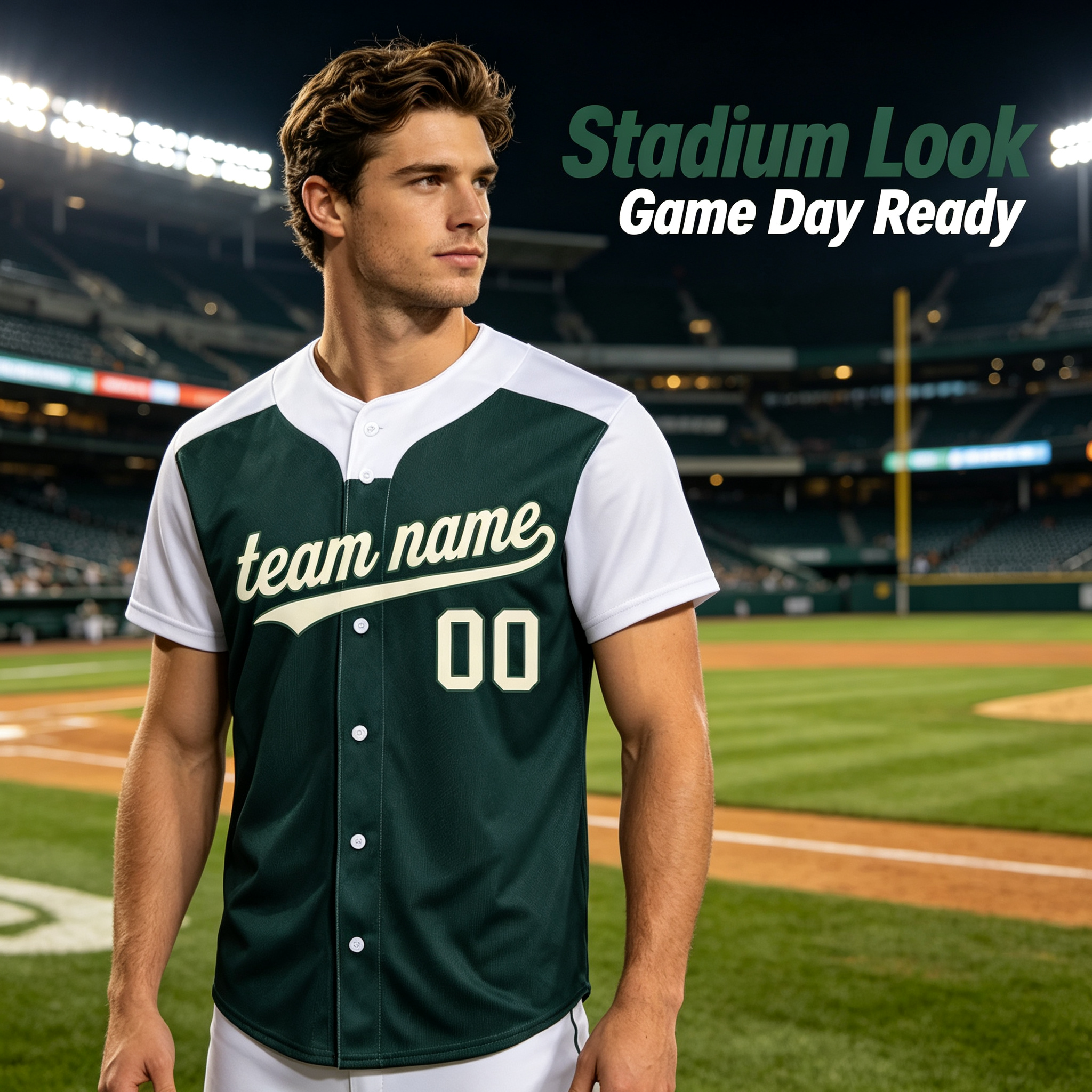 Custom Printed Colorado Mountain Peak Style Baseball Jersey Dark Green White Button Down Shirt for Men and Women