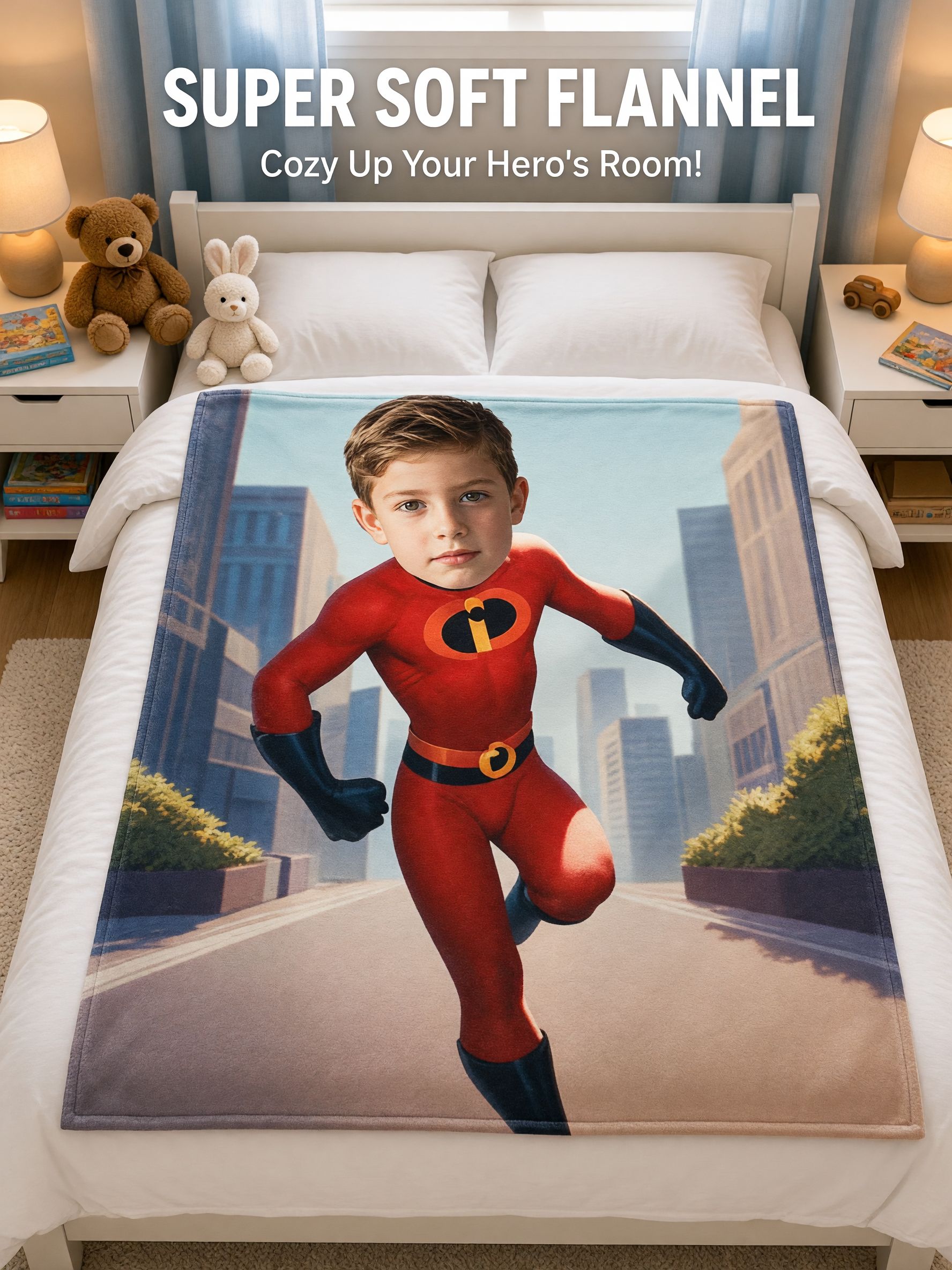 Personalized Superhero Face Photo Blanket Custom Ultra Soft Flannel Throw for Kids Bed Couch Cozy Keepsake Gift