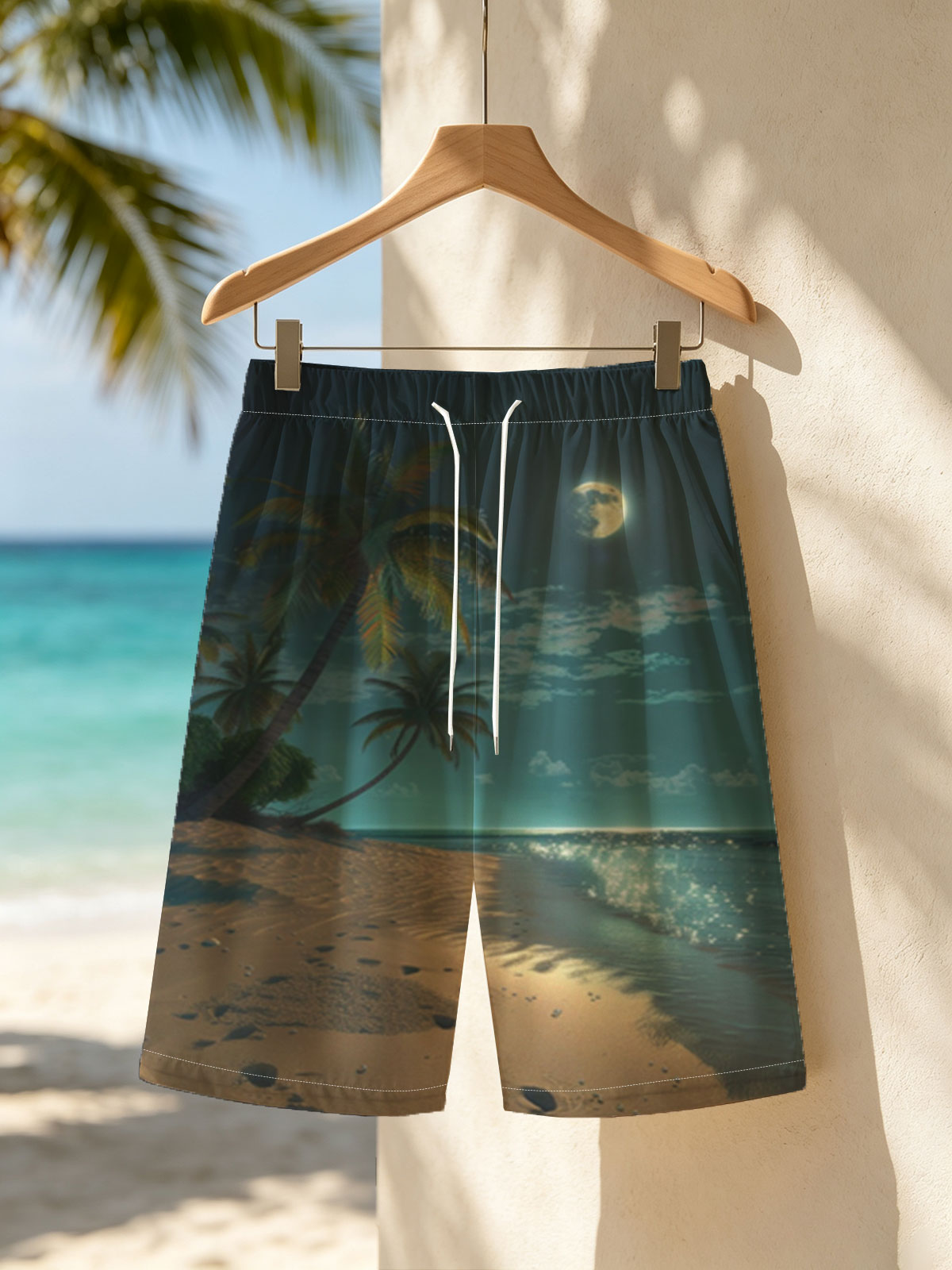 Moonlit Tropical Beach with Palm Trees and Shimmering Water -  Beach shorts