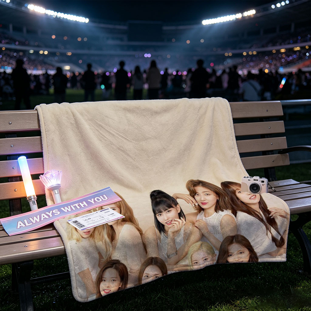 TWICE Group Photo in White Outfits on Beige Background - Blankets