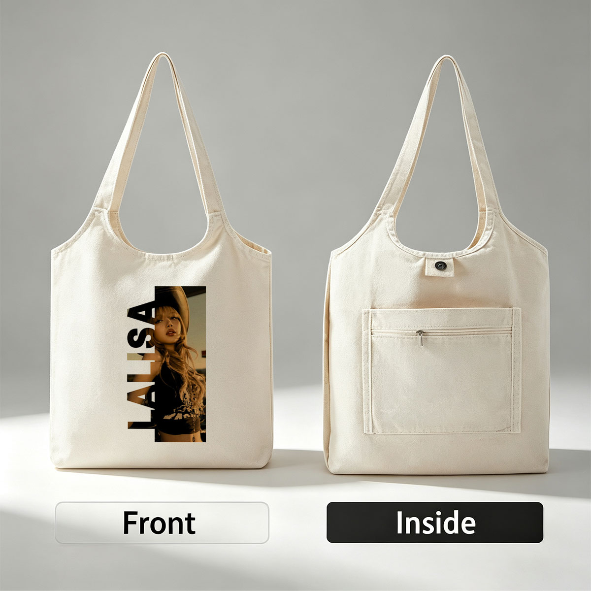 Lisa in a stylish hat and black outfit with bold text overlay - Canvas shoulder bags/
