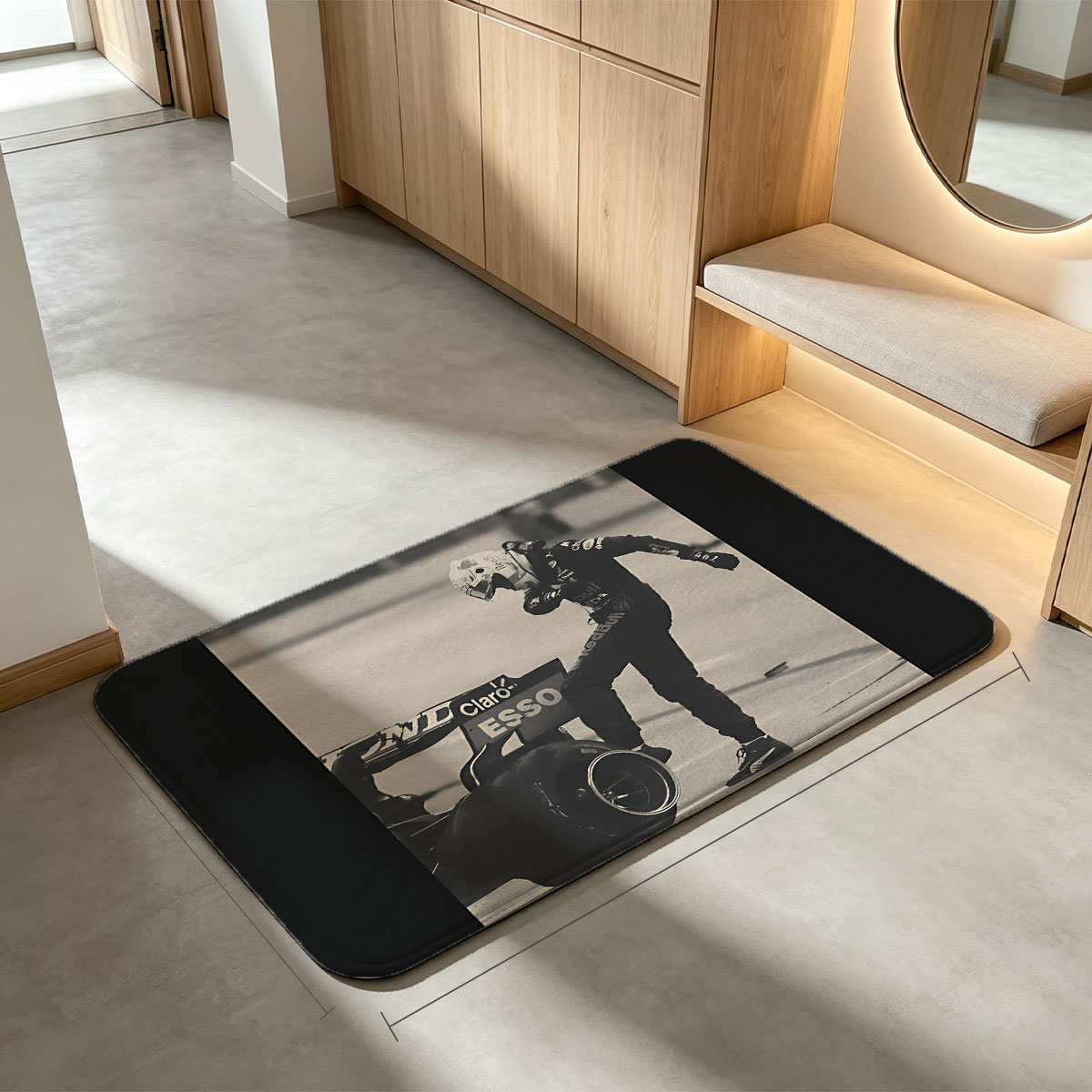F1 Driver in Red Bull Racing Suit Leaning on Car - Flannel floor mat