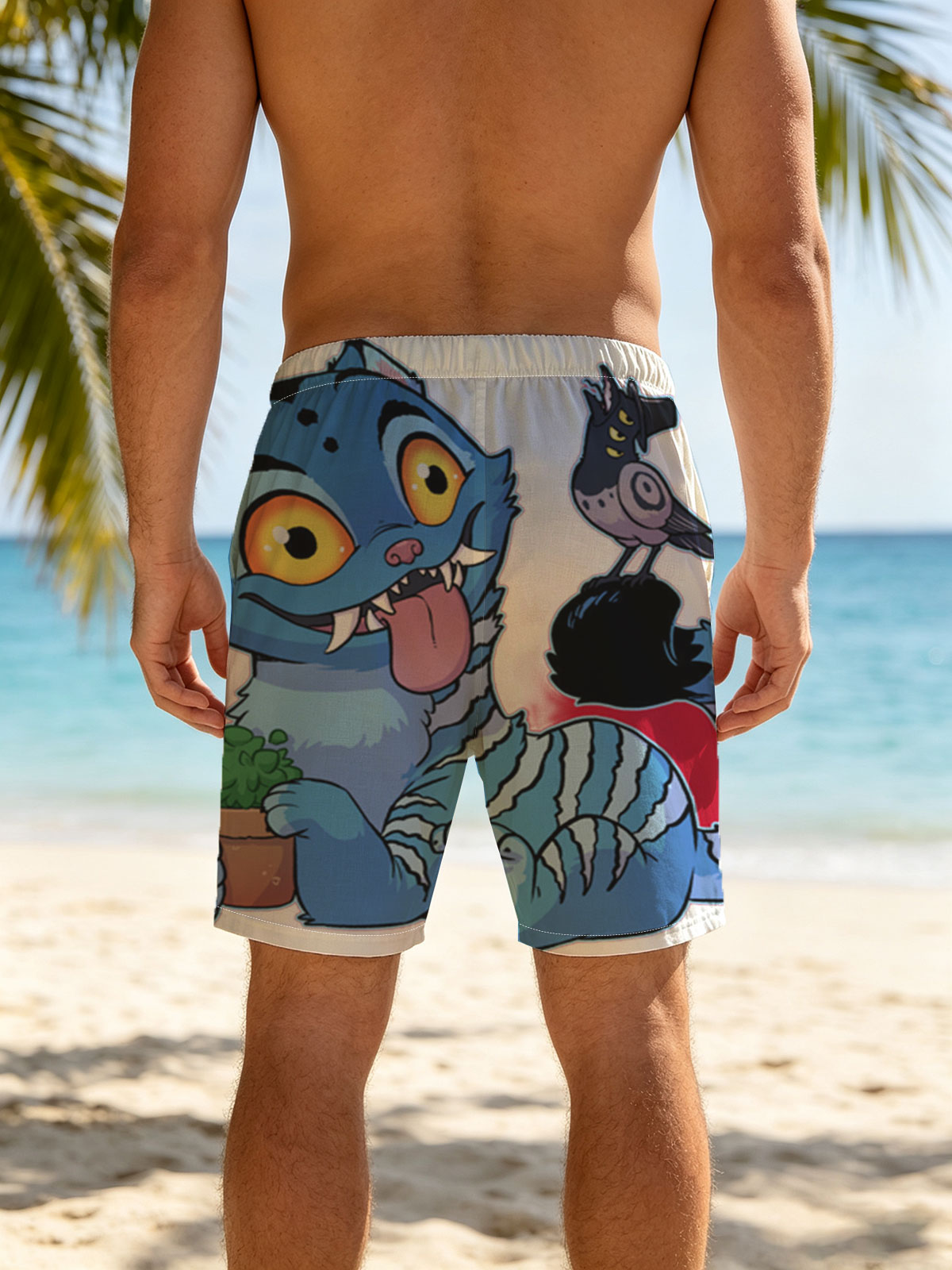 Blue Cat with Cactus and Bird on Head -  Beach shorts