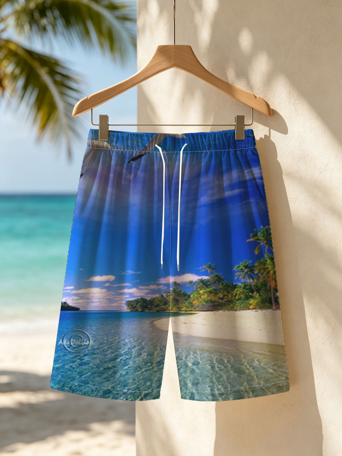 Seagulls soar over a pristine tropical beach with crystal-clear waters and palm trees under a vibrant blue sky. -  Beach shorts
