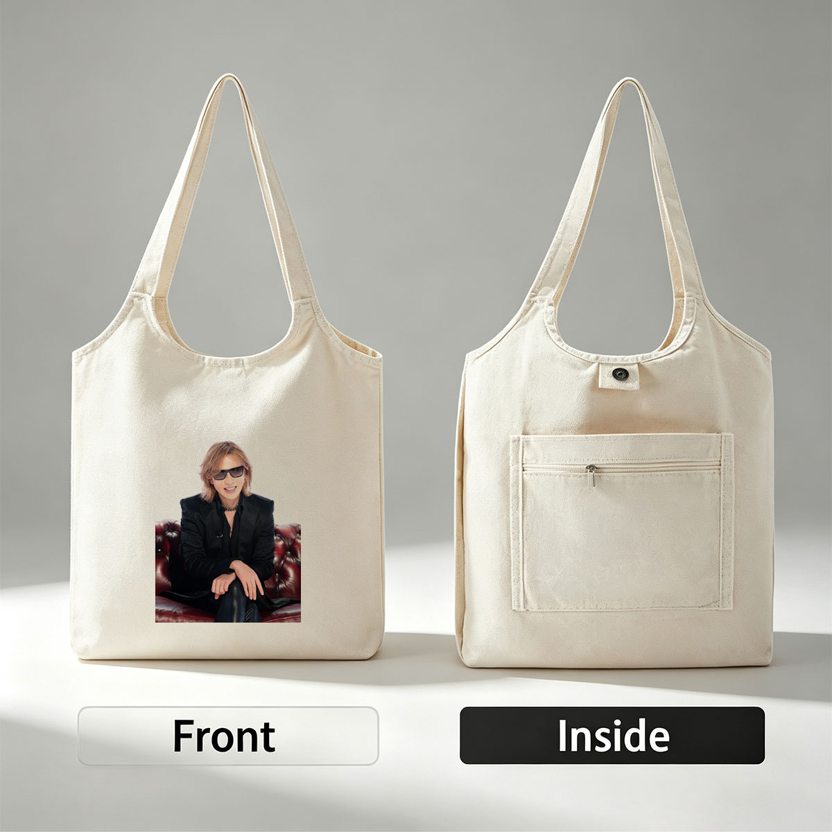 Yoshiki from X Japan Sitting on a Red Leather Couch Wearing Sunglasses and a Black Suit - Canvas shoulder bags/