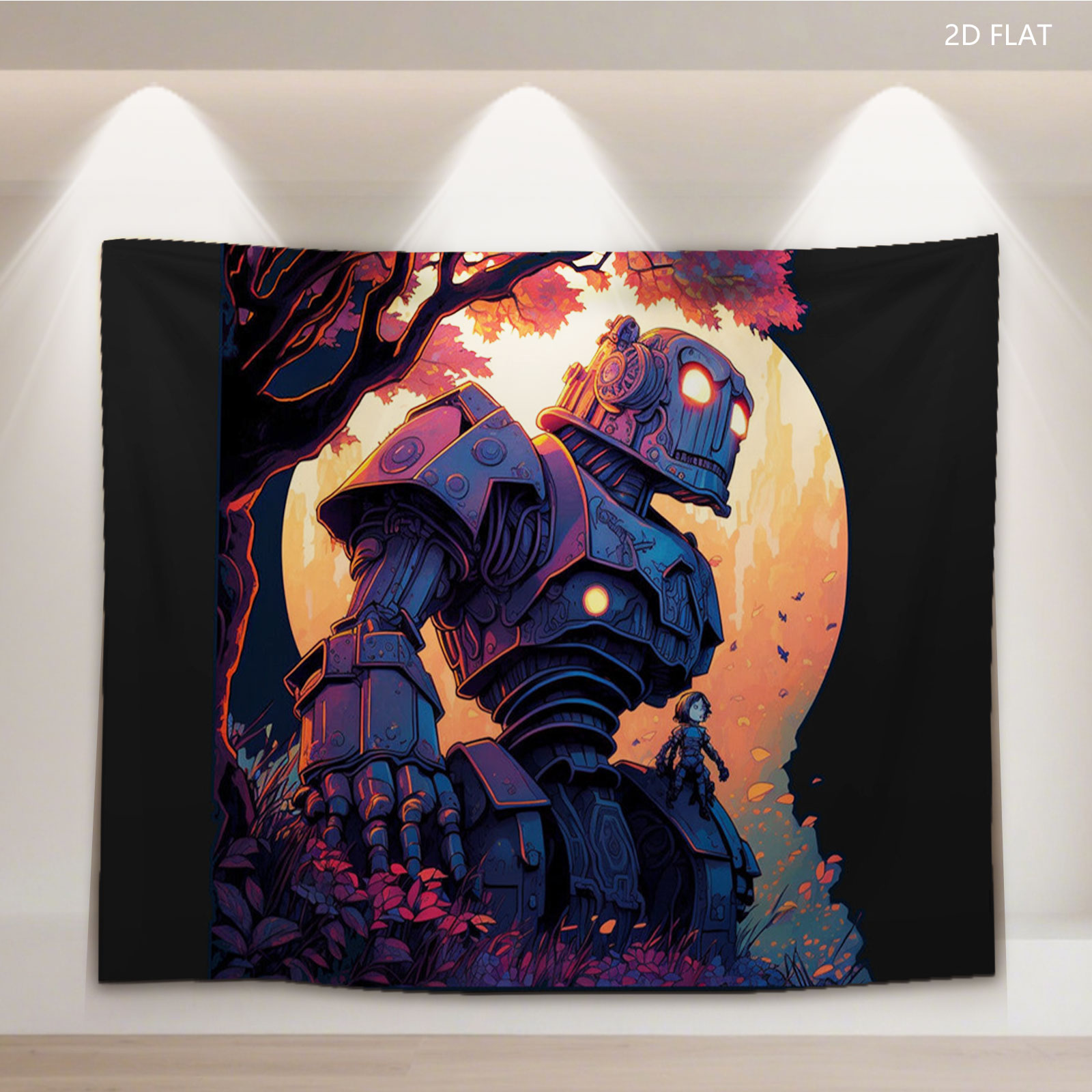 Giant Robot and Child in Autumn Forest at Sunset - Tapestry