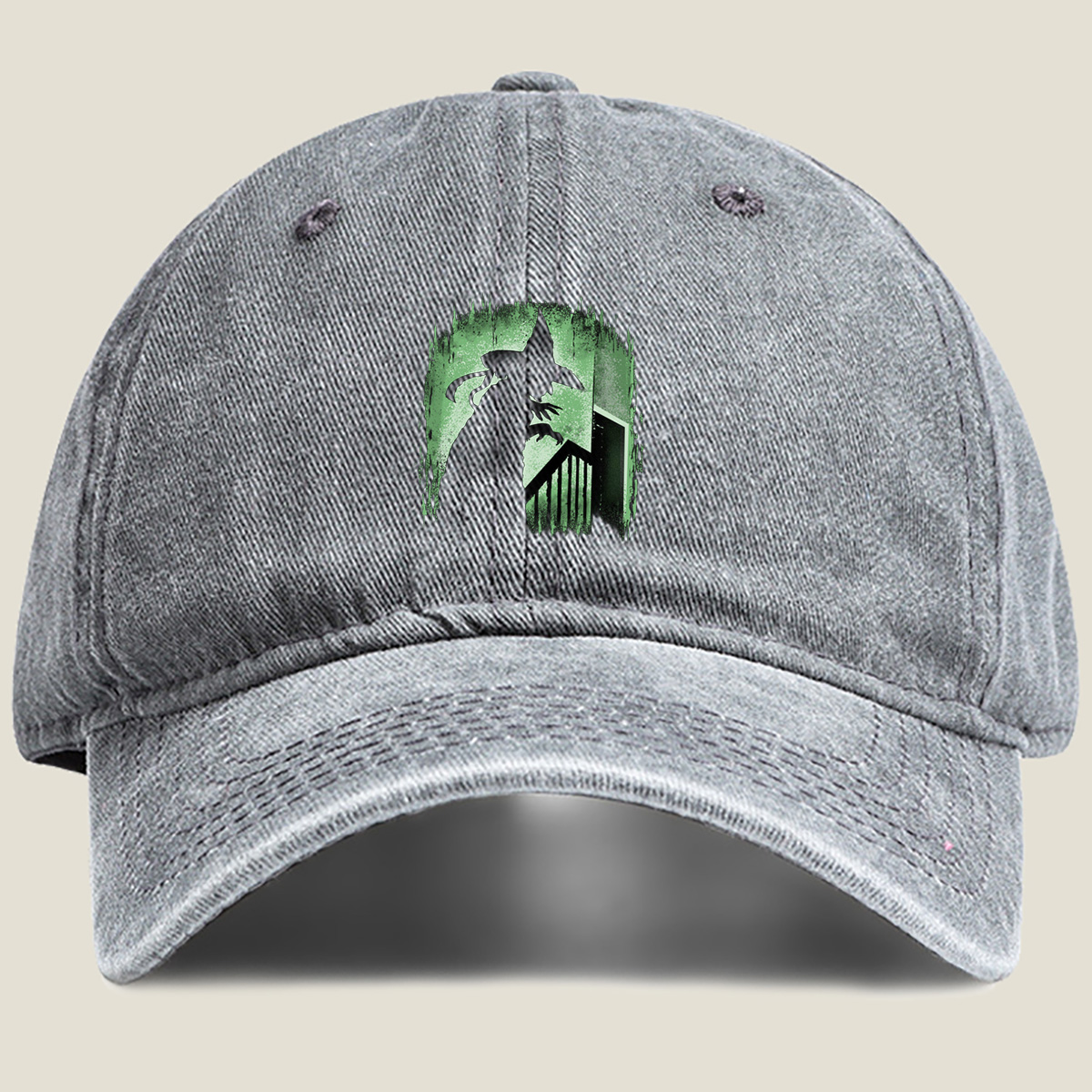 Witch Silhouette in Green Glow - Washed Denim - Baseball Cap