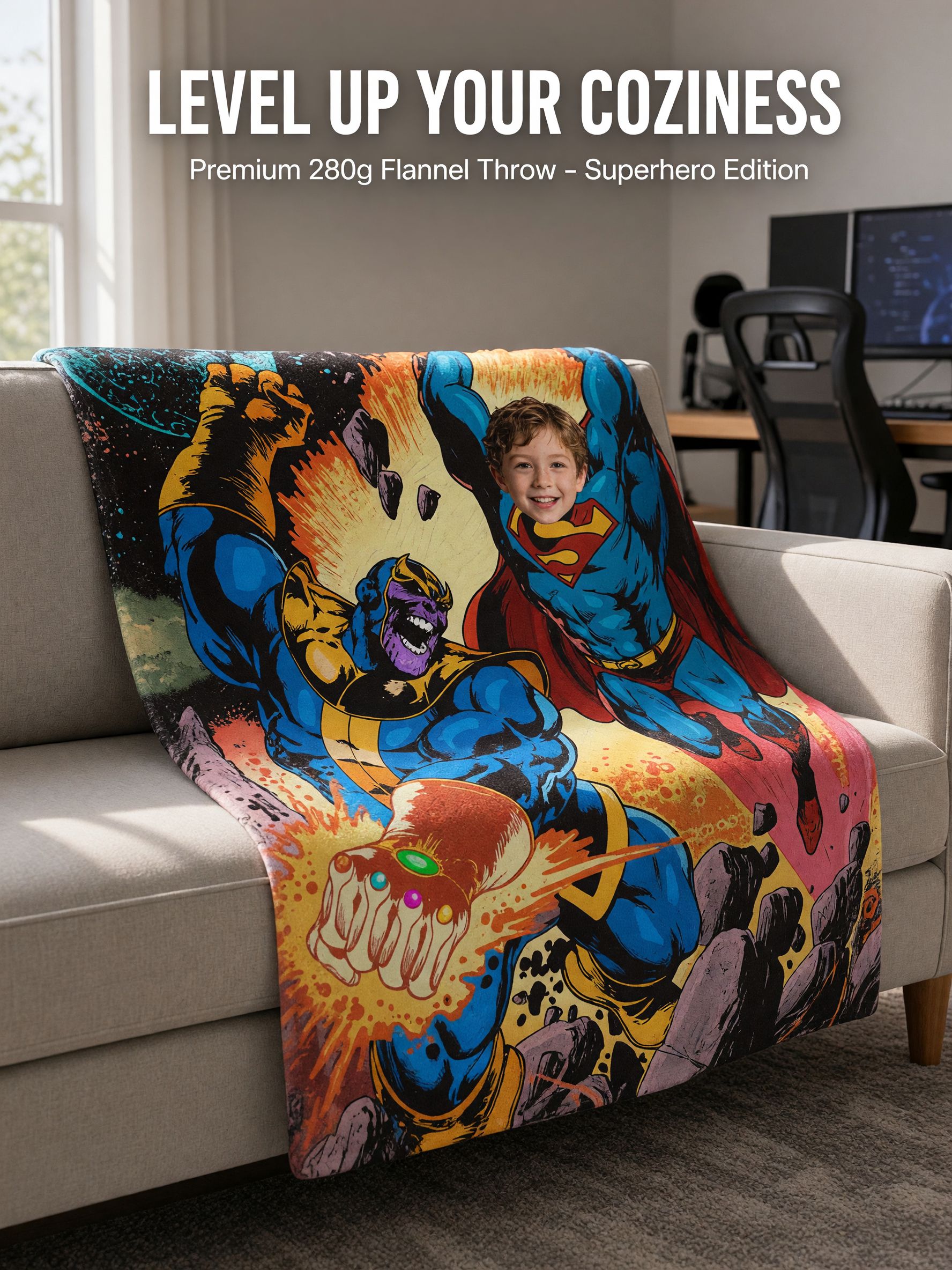 Custom Face Photo Superhero Flannel Blanket, Personalized Soft Comic Throw for Bed and Sofa, Cozy Keepsake Gift