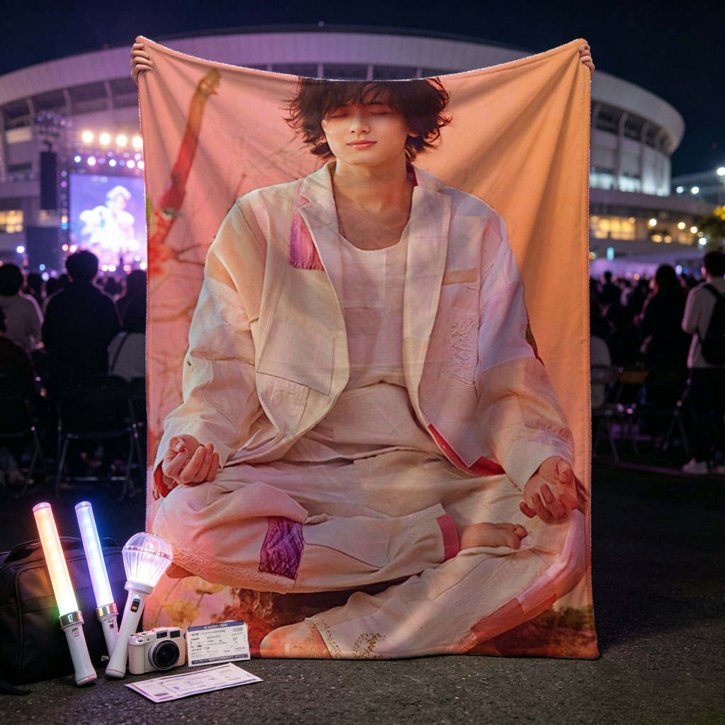 Takuya Kimura Meditating in a Serene Floral Garden with Soft Pink and Orange Background - Blankets