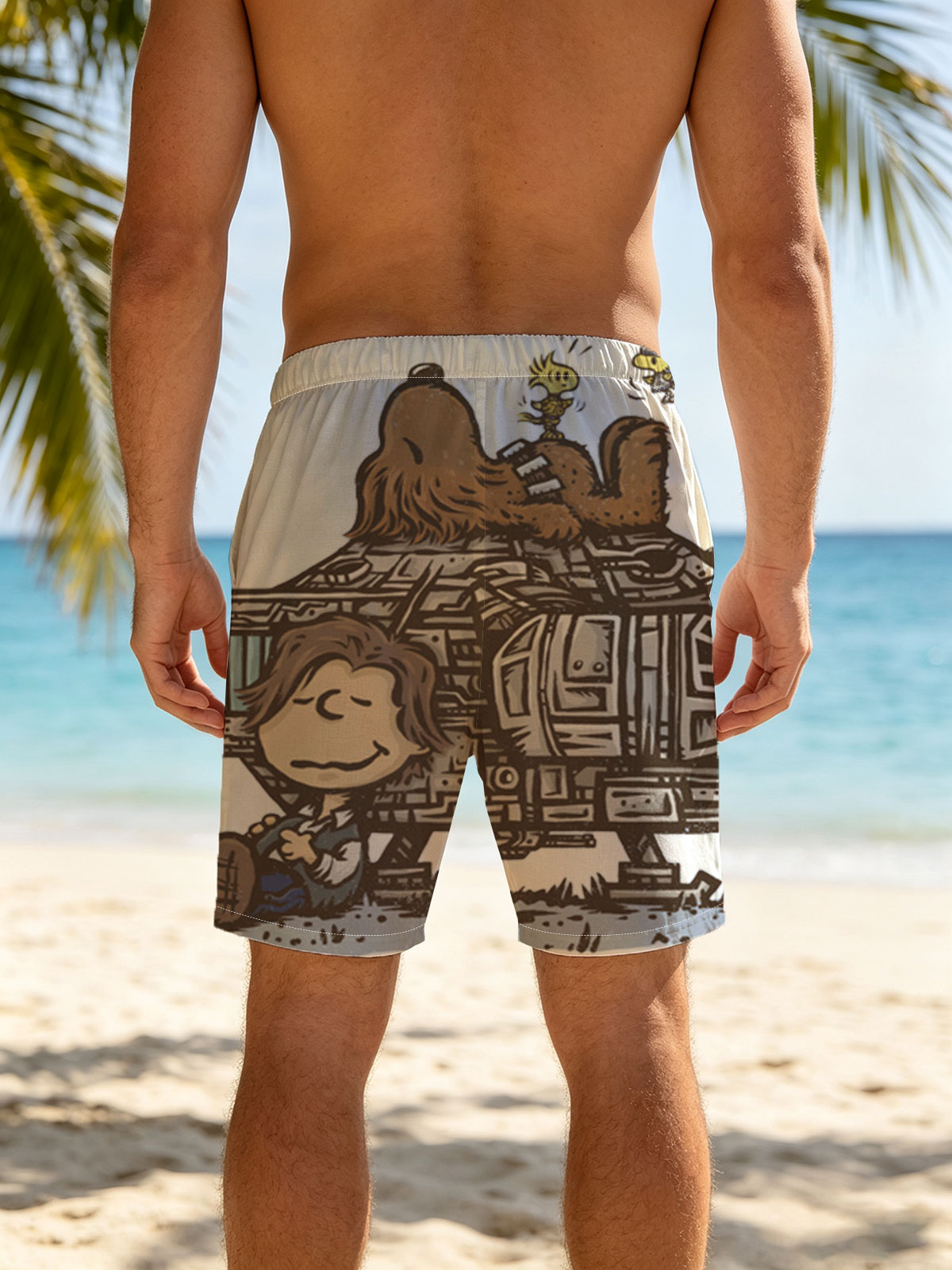 Luke Skywalker, Chewbacca, and C-3PO on a Millennium Falcon Cartoon -  Beach shorts
