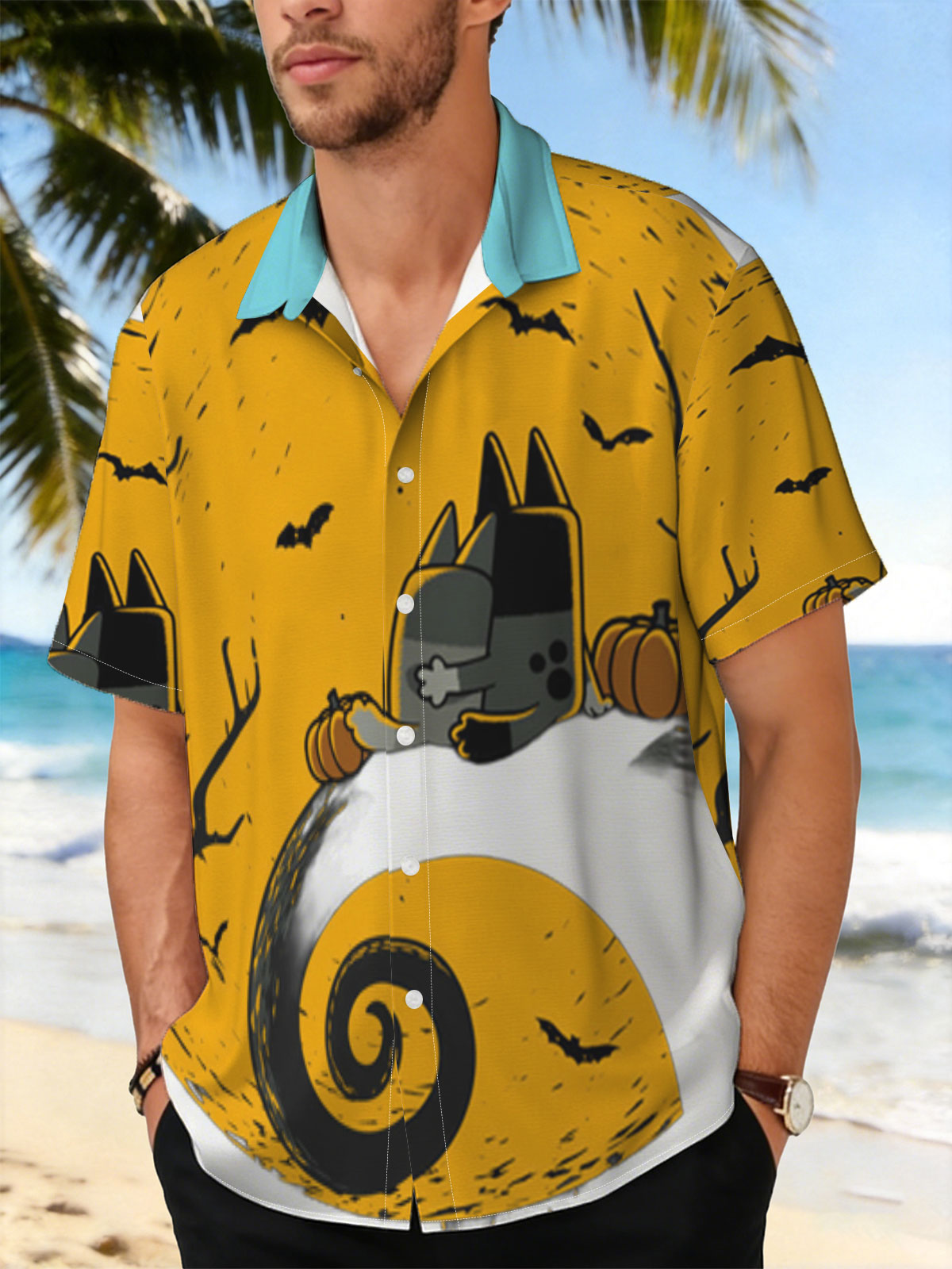 Pusheen the Cat in Halloween Moonlight with Pumpkins and Bats -  Shirt