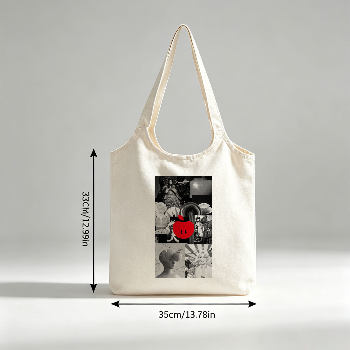 Ringo Sheena in a Retro-Futuristic Collage Featuring Black-and-White Portraits, Vinyl Records, and a Bold Red Apple Logo - Canvas shoulder bags/