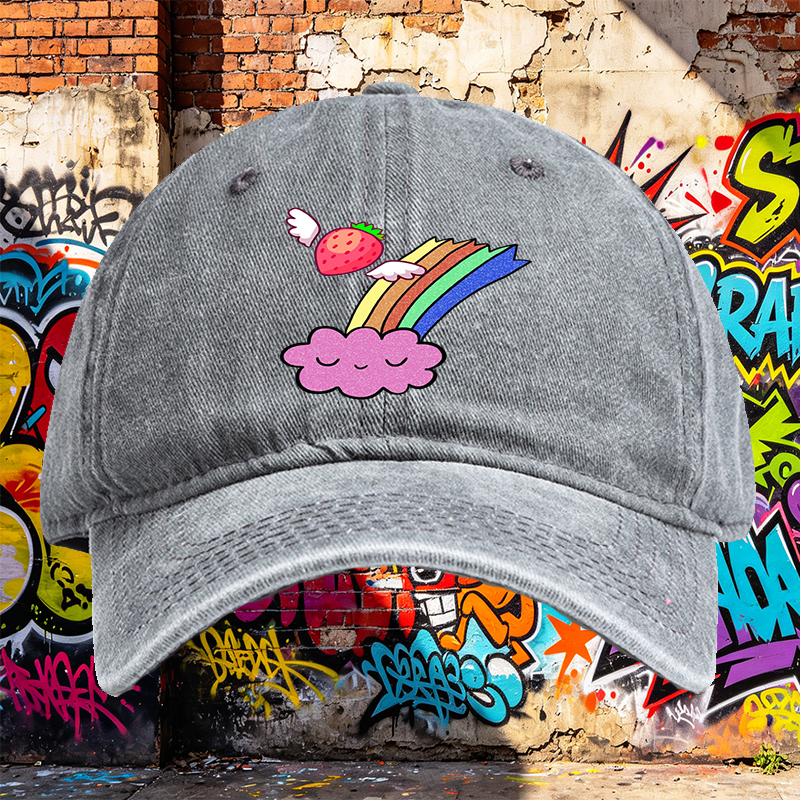 Unisex Classic Washed Cap with Flying Strawberry Rainbow Cloud Print - Perfect for Casual Outings, Travel, and Everyday Wear - Ideal for Teens and Young Adults Seeking Fun, Colorful Streetwear Style