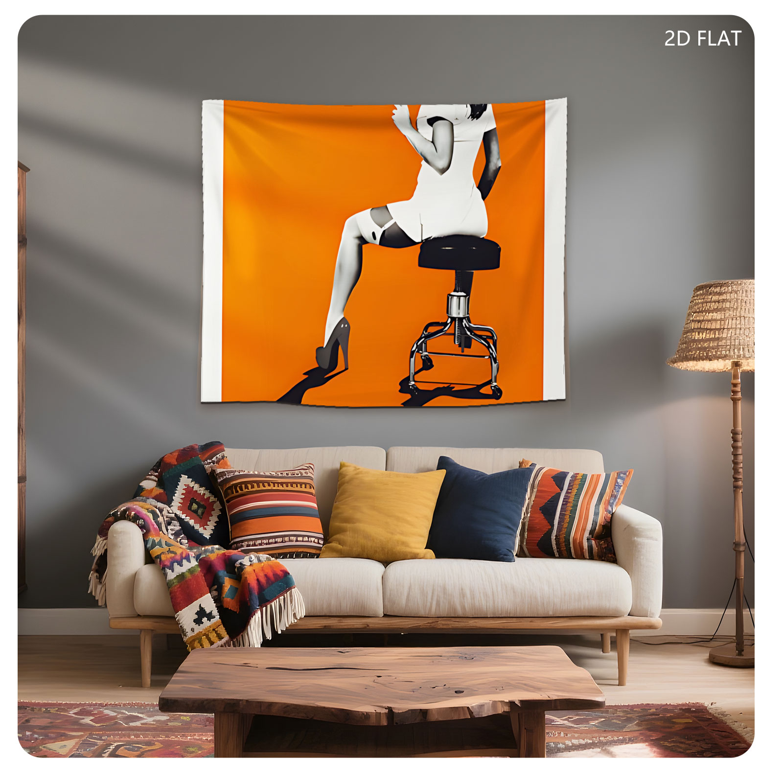 Nurse in White Dress Holding Syringe on Stool Against Orange Background - Tapestry