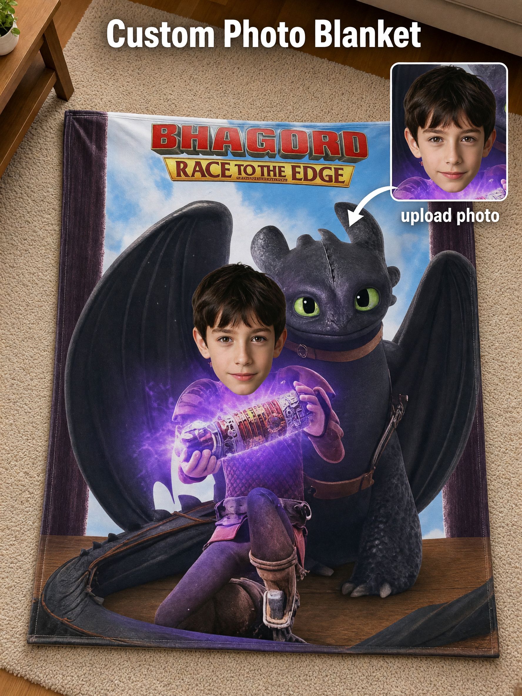 Custom Face Photo Dragon Flannel Blanket, Personalized Plush Fleece Throw for Kids and Movie Fans, Ideal Cozy Gift