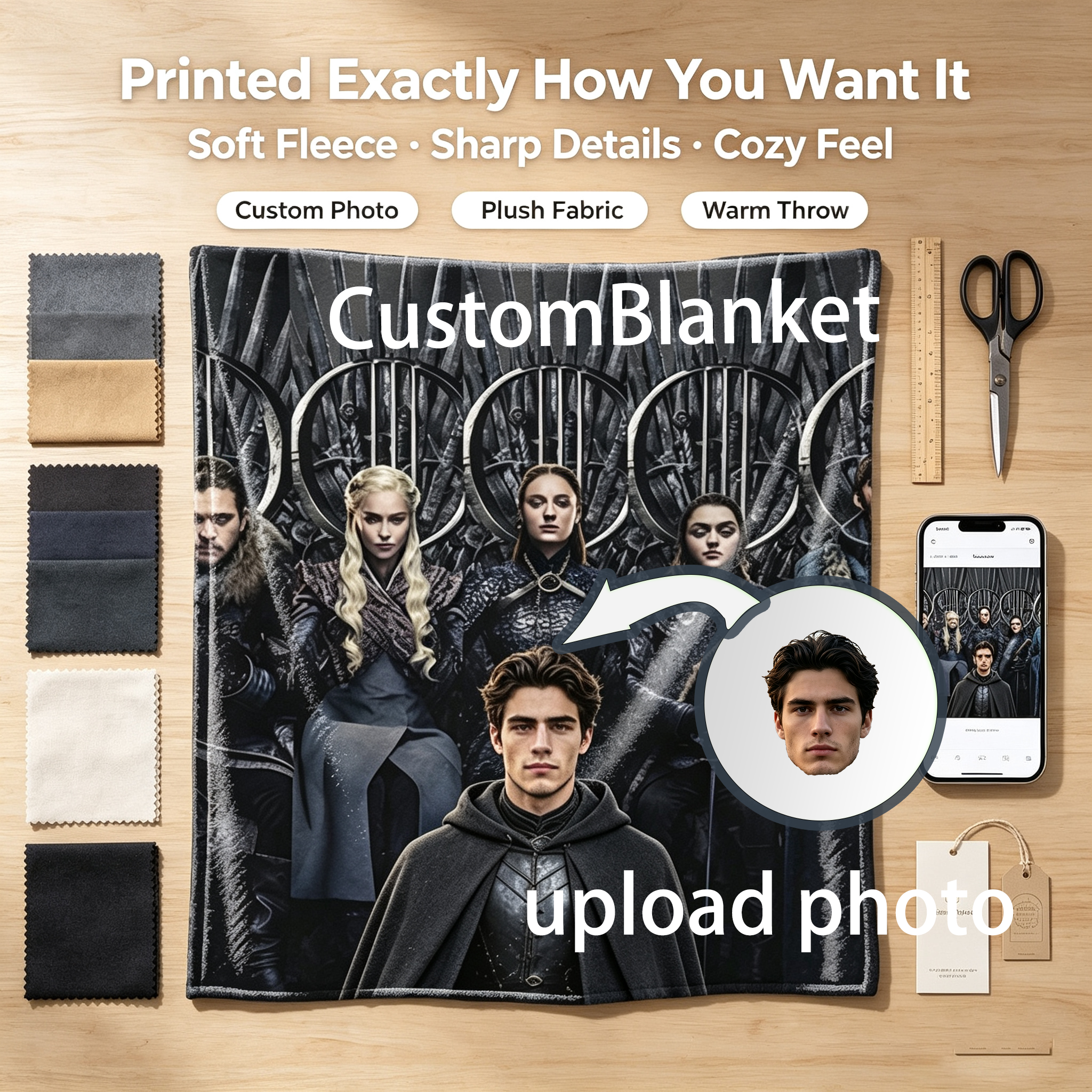 Custom Face Blanket Game of Thrones Characters Iron Throne Flannel Blanket Perfect for Fans and Cosplay Gifts and Giveaways