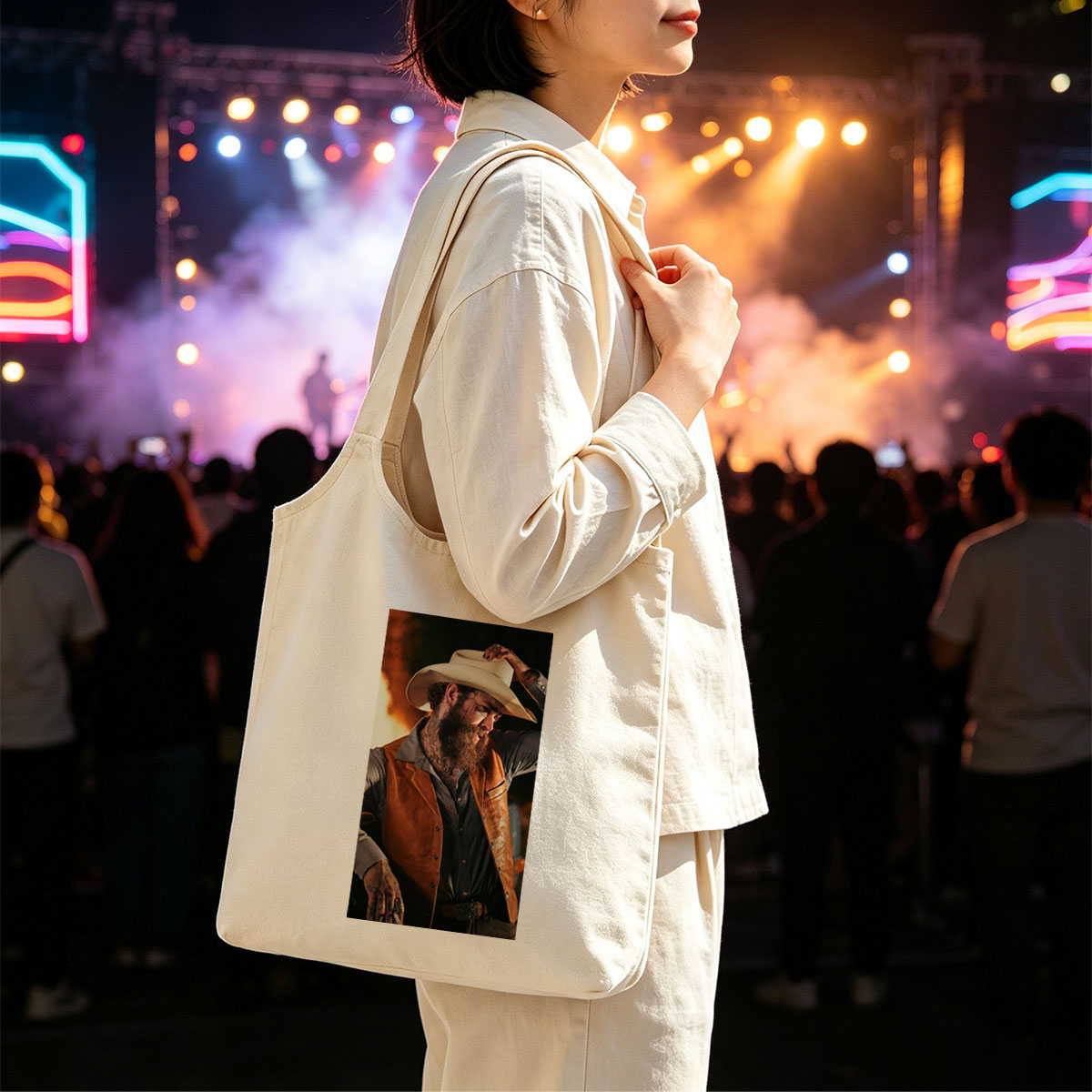Post Malone in Cowboy Outfit Holding Hat with Fiery Background - Canvas shoulder bags/