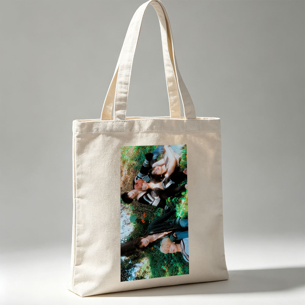 TXT Members Lying on Grass in Nature Scene - Canvas tote bags