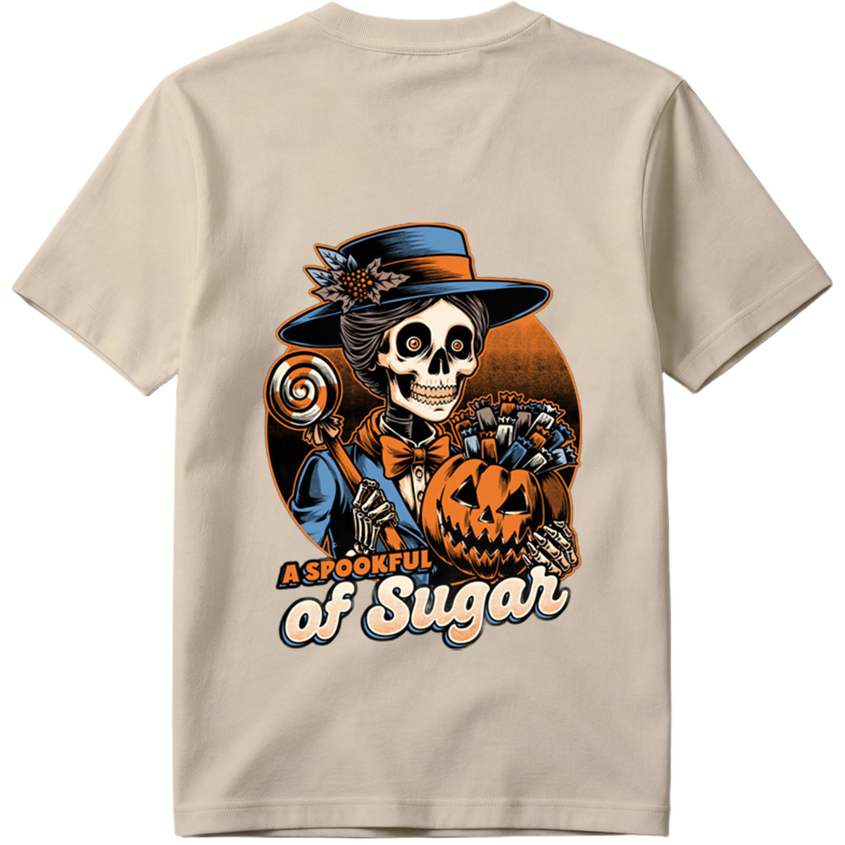 A Spookful of Sugar: Skeleton Lady with Pumpkin and Candy - Tee