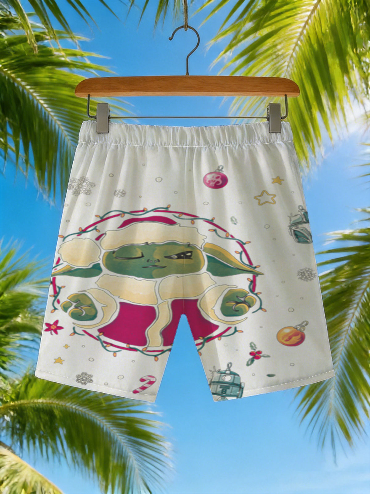 Baby Yoda in Santa Outfit with Star Wars Christmas Ornaments -  Beach shorts