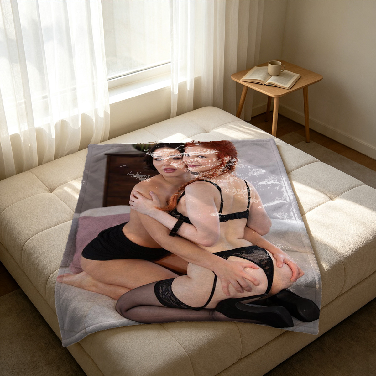 Nude Blonde on Bed by Window with Palm Plant - Blanket
