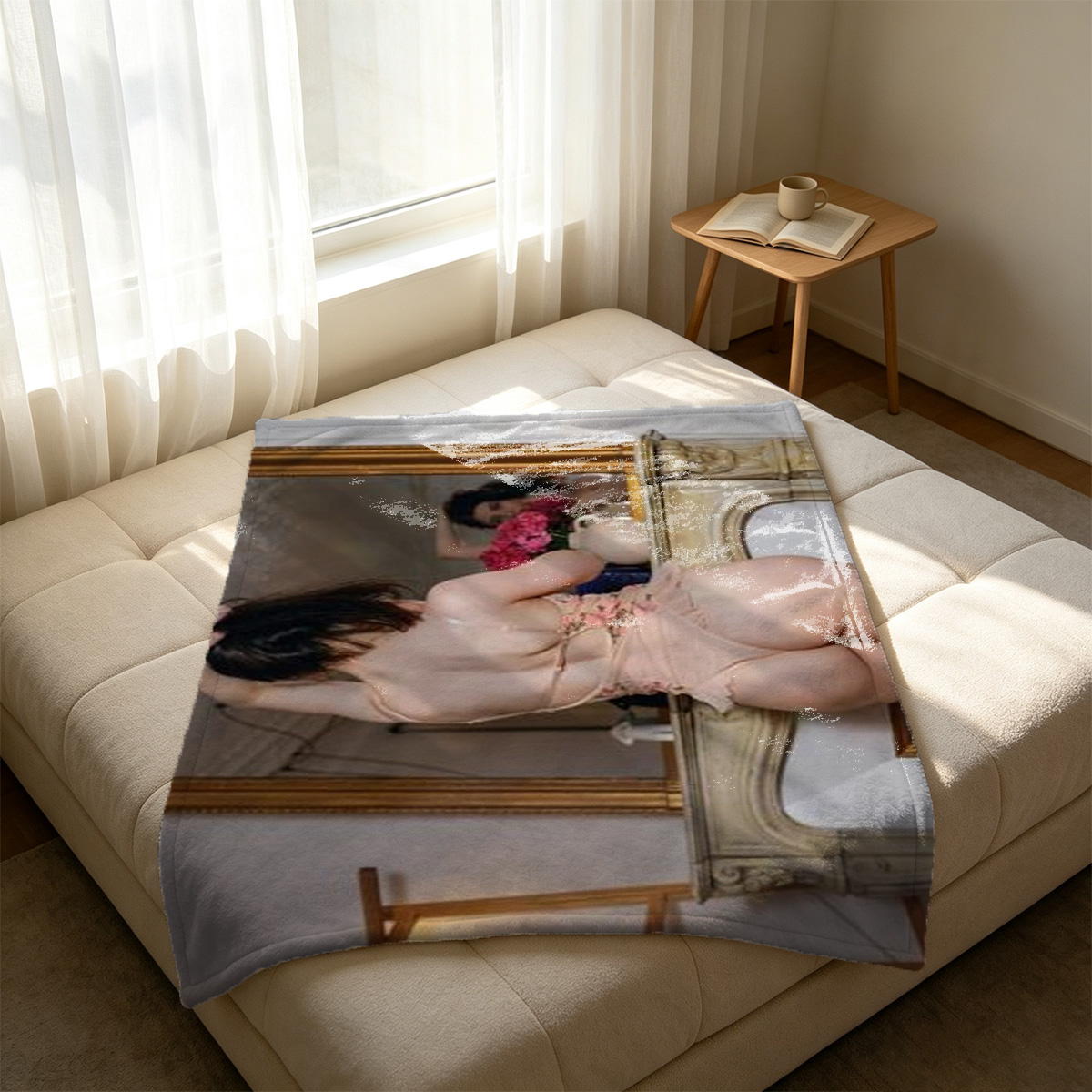 Woman in brown bodysuit pulling up pants in blue chair. - Blanket