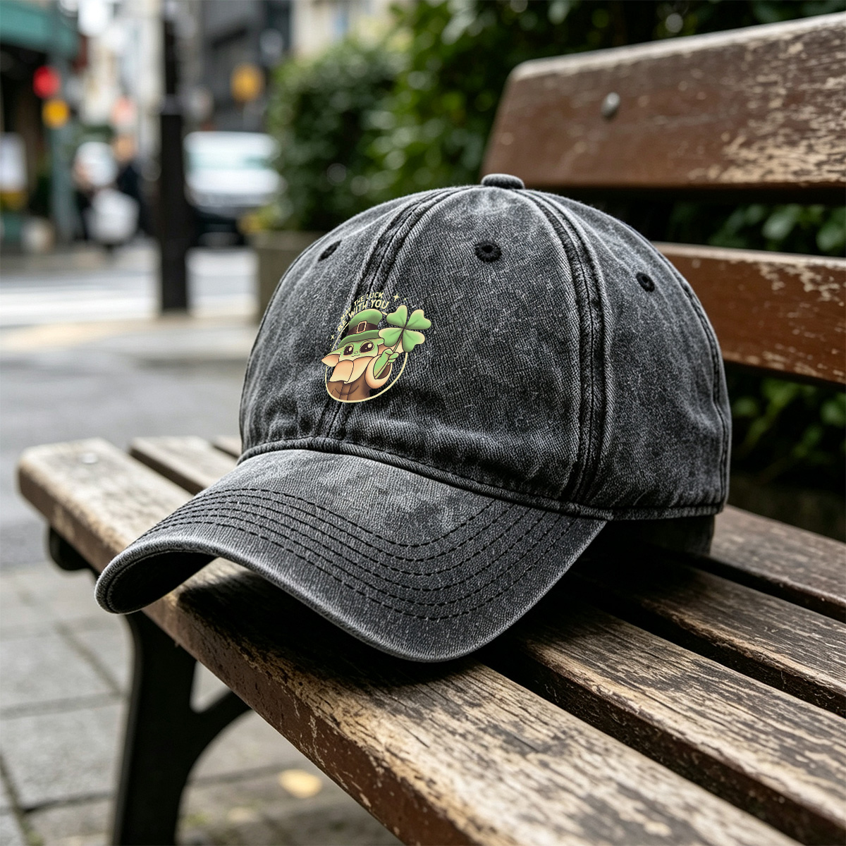Baby Yoda Wearing Leprechaun Hat Holding Four Leaf Clover with 