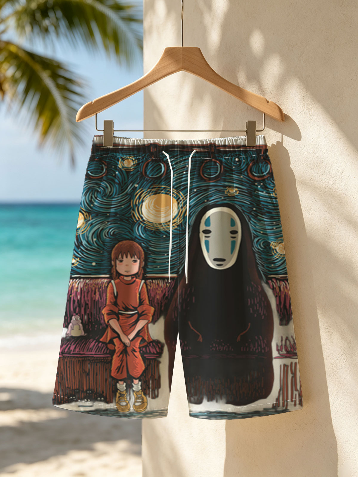 Chihiro and No-Face in a Starry Night Setting -  Beach shorts