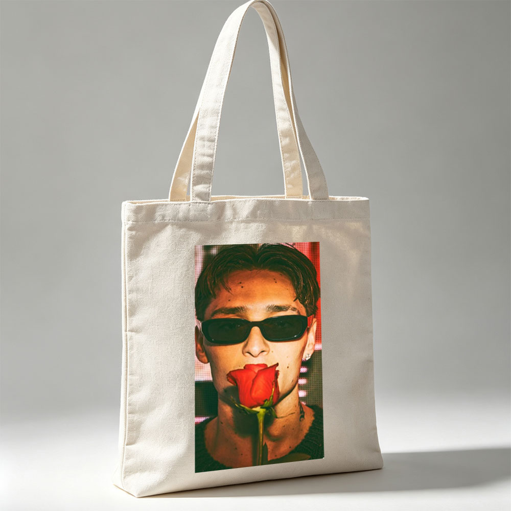 Anwar Hadid Holding a Red Rose with Sunglasses on a Digital Background - Canvas tote bags
