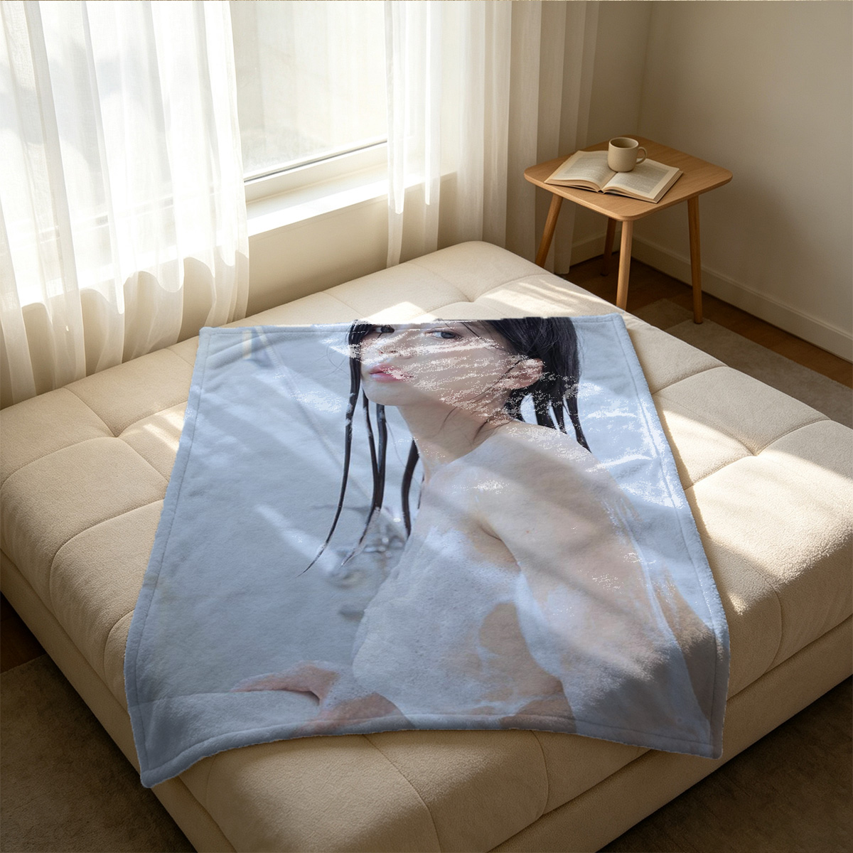 Japanese actress in bathtub, nude, wet skin, seductive pose - Blanket