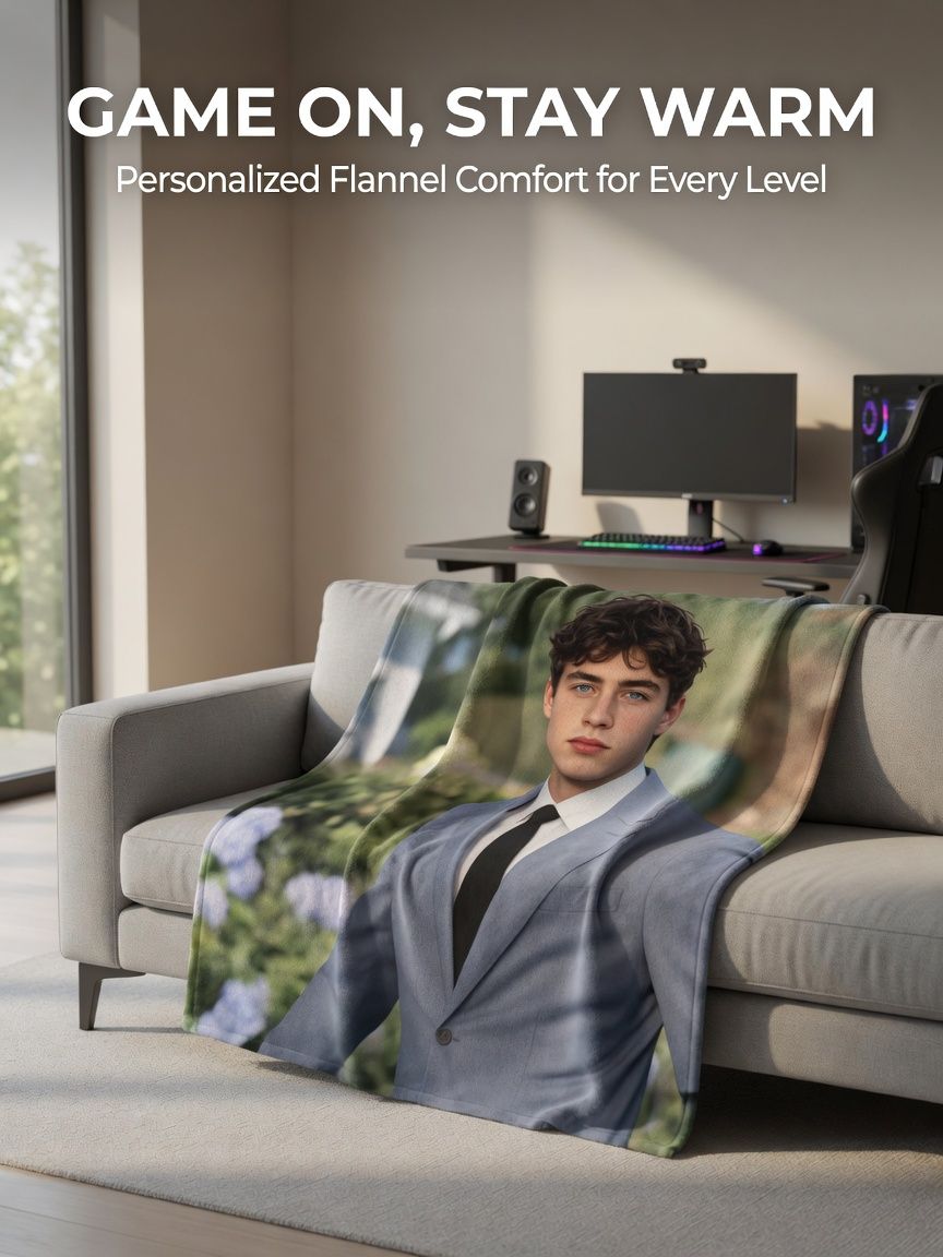 Custom Photo Portrait Flannel Fleece Blanket Personalized Soft Anti Pilling Throw for Couch Bed Travel Gift