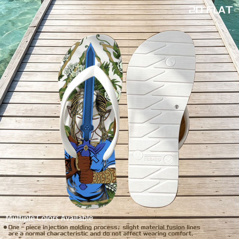 Link from The Legend of Zelda holding Master Sword, surrounded by floral wreath and geometric design -  flip-flops