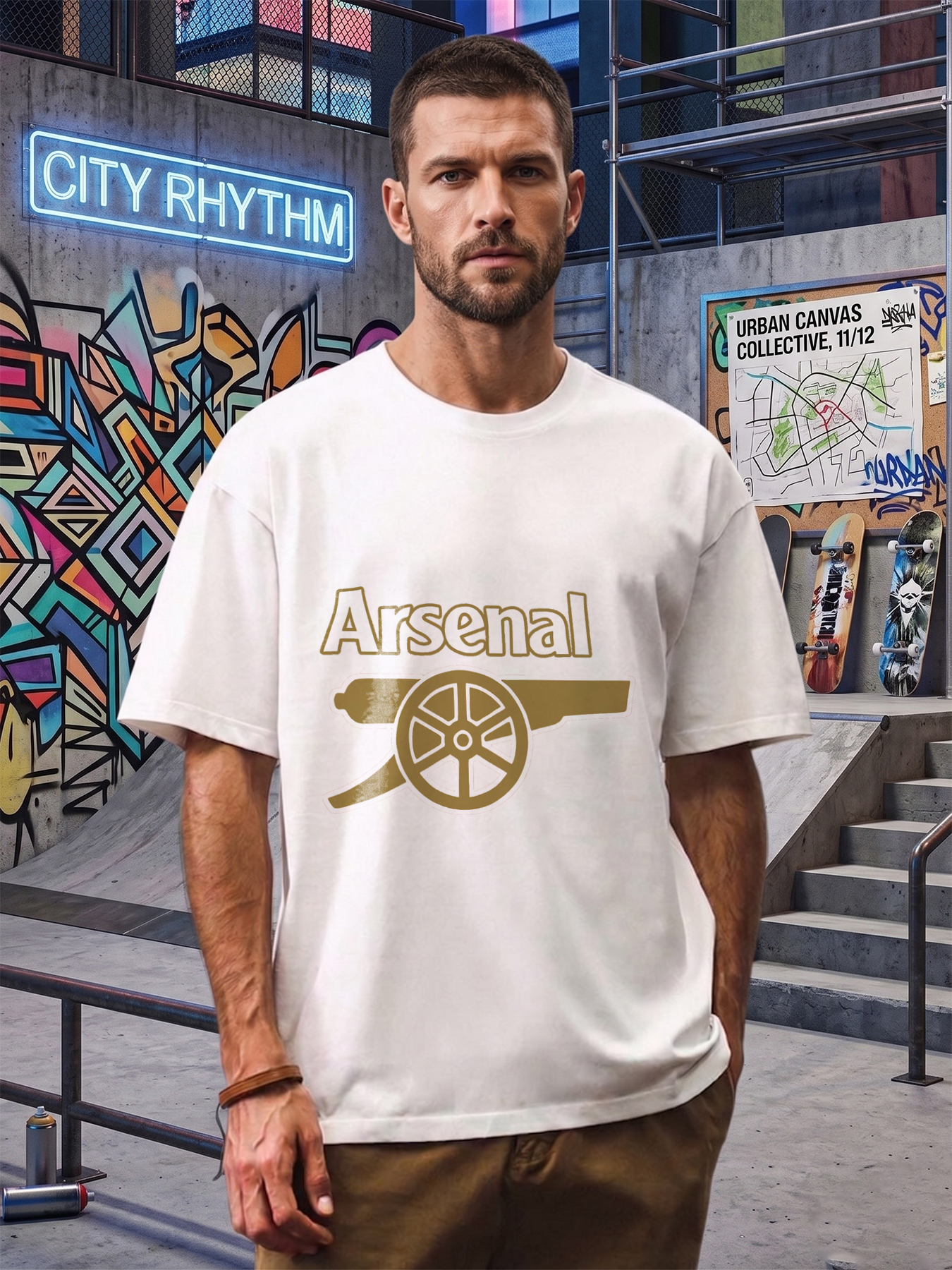 Men's Arsenal Cannon Logo Printed T-Shirt Casual Round Neck Summer Lightweight Breathable Short Sleeve Tee for Football Fans and Sports Enthusiasts