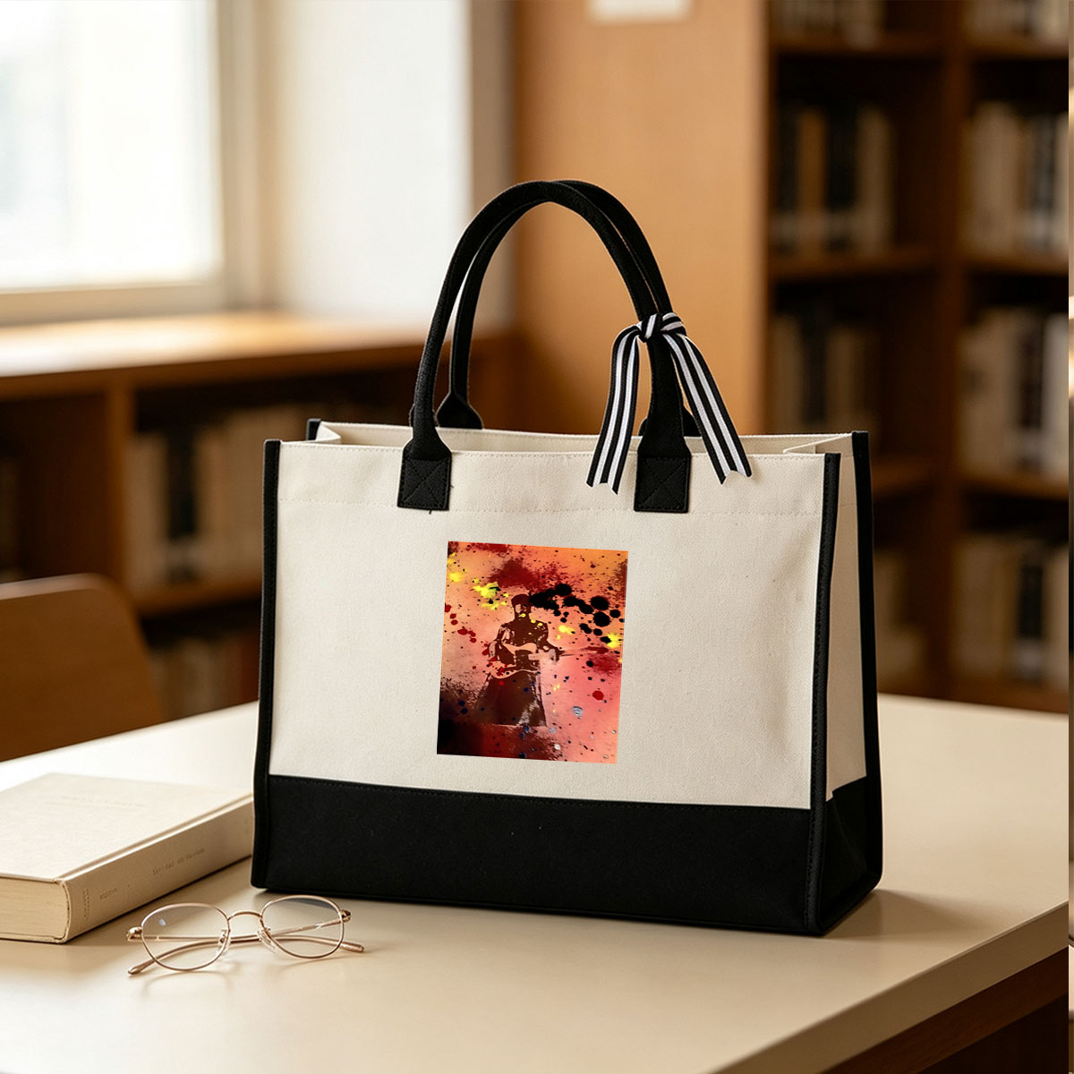 Guitarist Silhouette in Abstract Paint Splatter Art - Canvas patchwork gift tote bag
