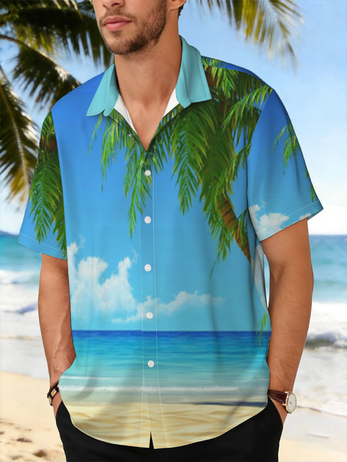 Tropical Beach with Palm Tree and Clear Blue Sky -  Shirt